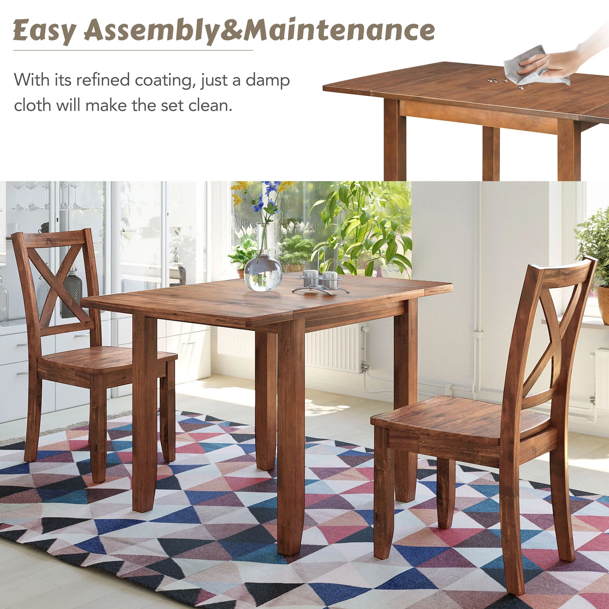 PAPROOS 3 Piece Wood Dining Table Set with Drop Leaf and 2 X-back Chairs, Modern Dining Room Table and Chairs Set for Small Space, Brown