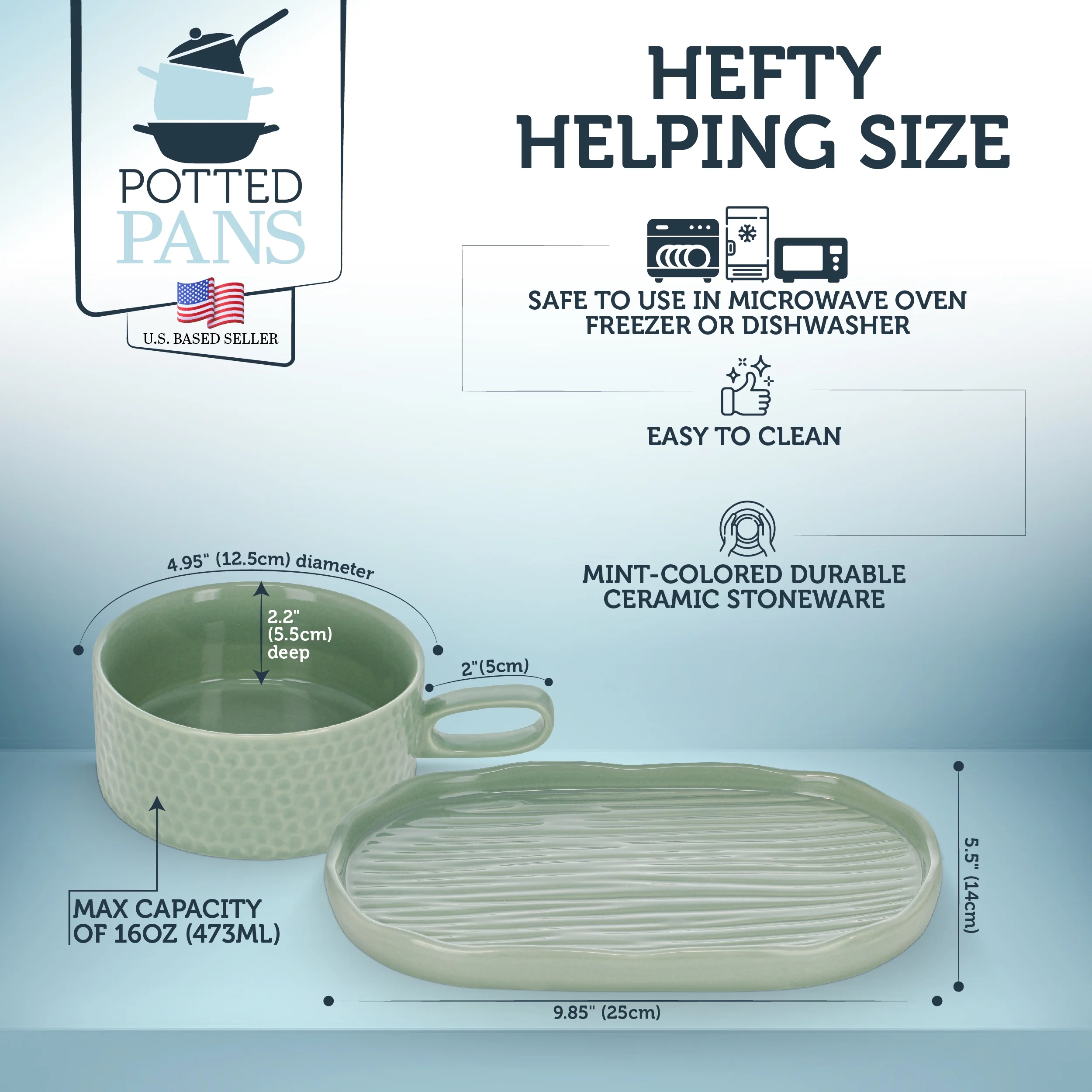 Potted Pans Soup and Sandwich Set of 1 - 16oz Mint Soup Bowl with Serving Plate