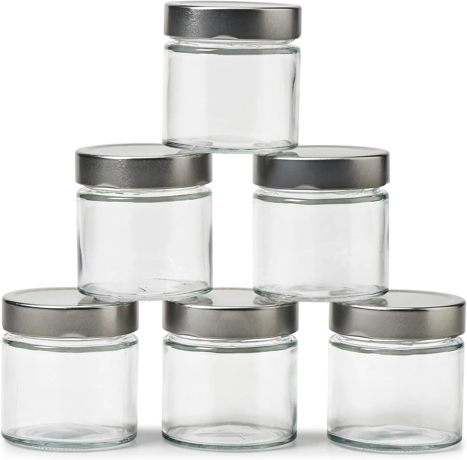 EZOWare 6oz Airtight Glass Jars with Brushed Silver Lids, Set of 6 Kitchen Clear Food Canister Storage Container for Yogurt, Jelly, Dessert, Honey, Jams, Sugar, Spices, and DIY Candles Decor