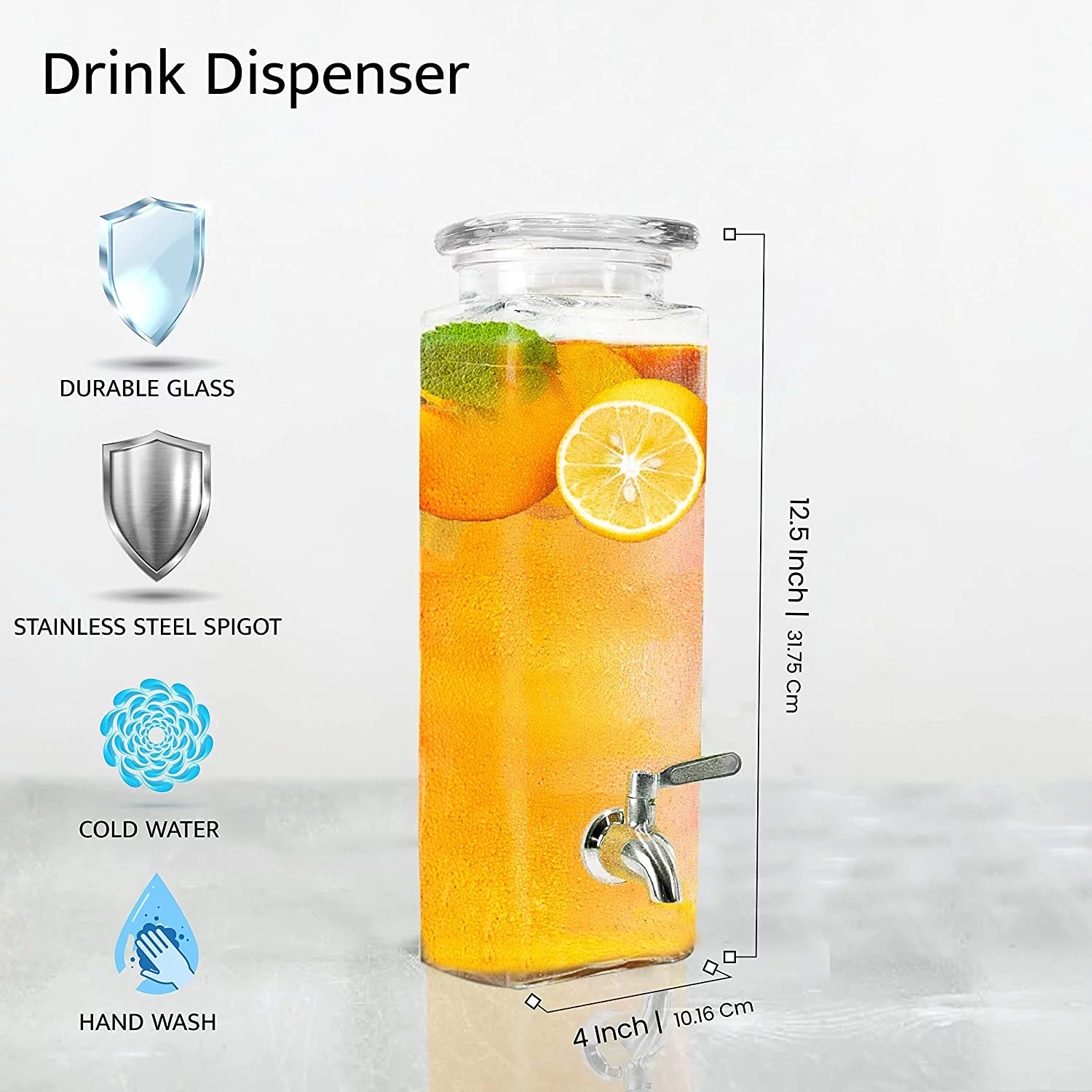 Tall Square Glass Mason Jar Drink Dispenser With Stainless Steel Spigot, 80 oz (2.36 Liters)