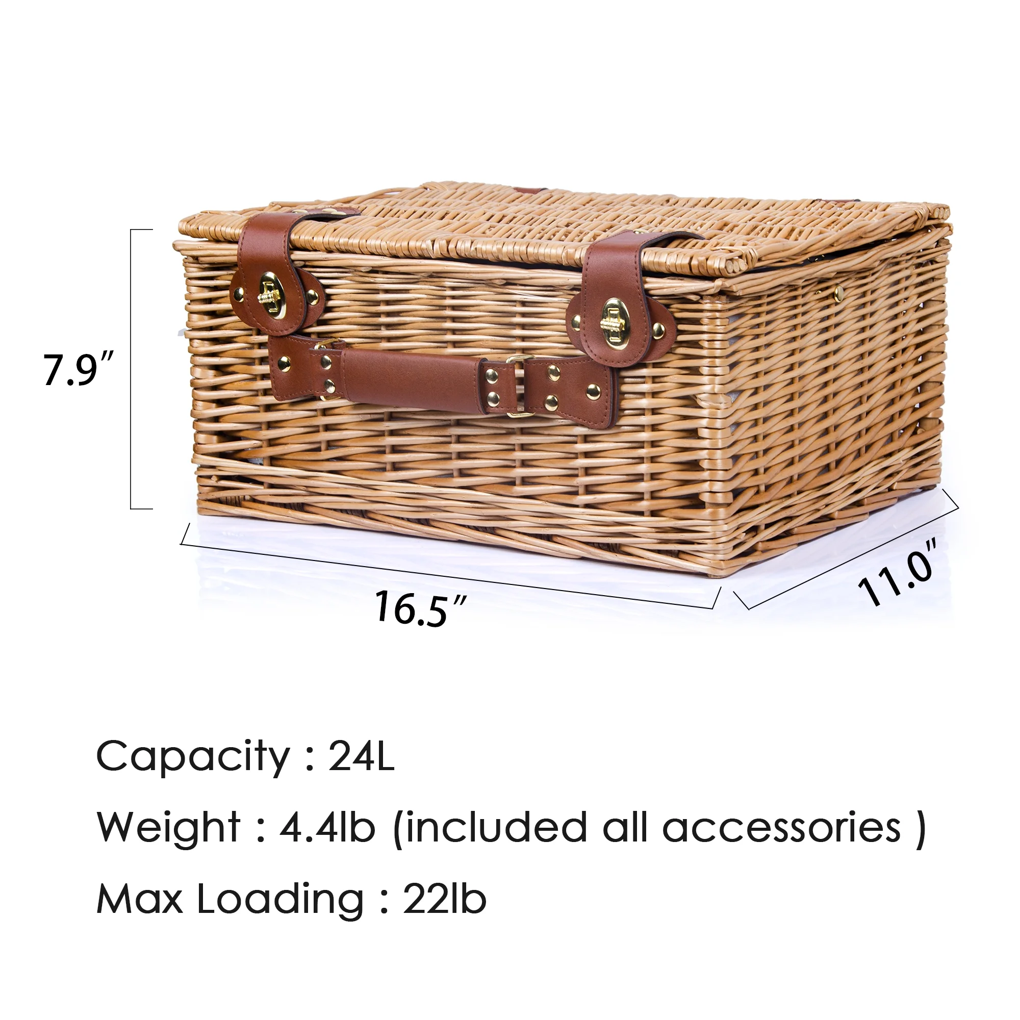 Wicker Picnic Basket Set for 2 Persons Large Willow Hamper with Insulated Cooler Compartment and Cutlery Service Kit, Classic Stripe Grey