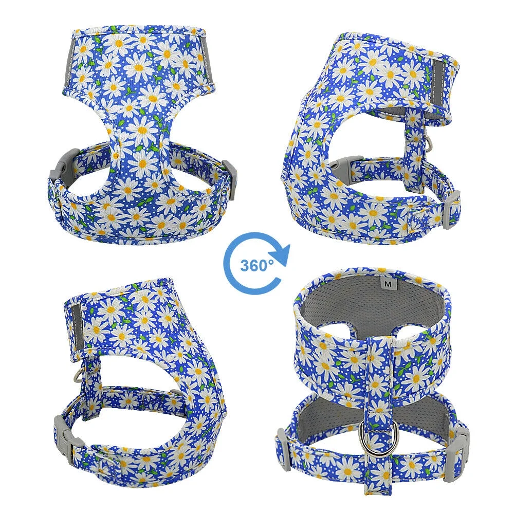 Floral Small Dog Harness and Leash Set Reflective Pet Cat Walking Vest Harnesses