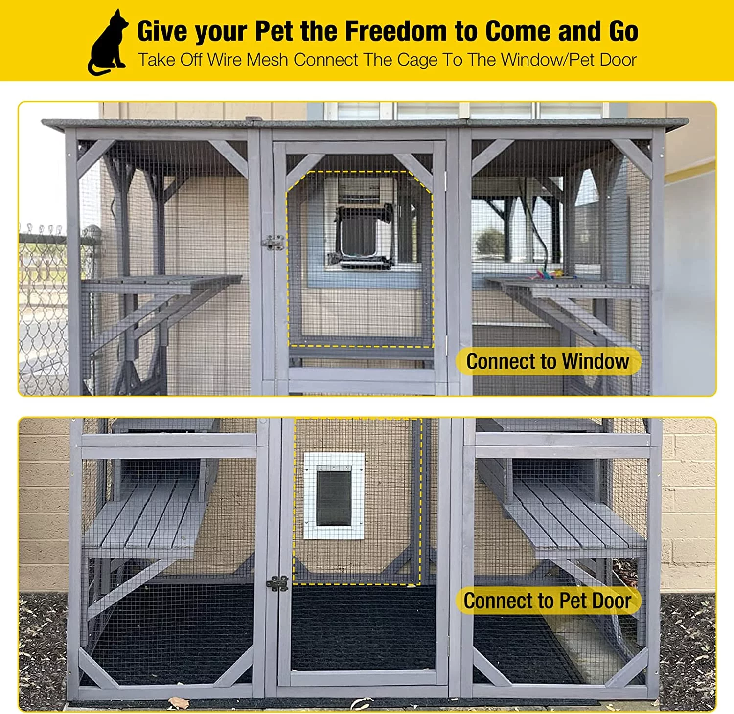 Cat House Outdoor Catio Kitty Enclosure with Super Large Enter Door, Wooden Cat Cage Condo Indoor Playpen with Platforms & Small House-71 Inch