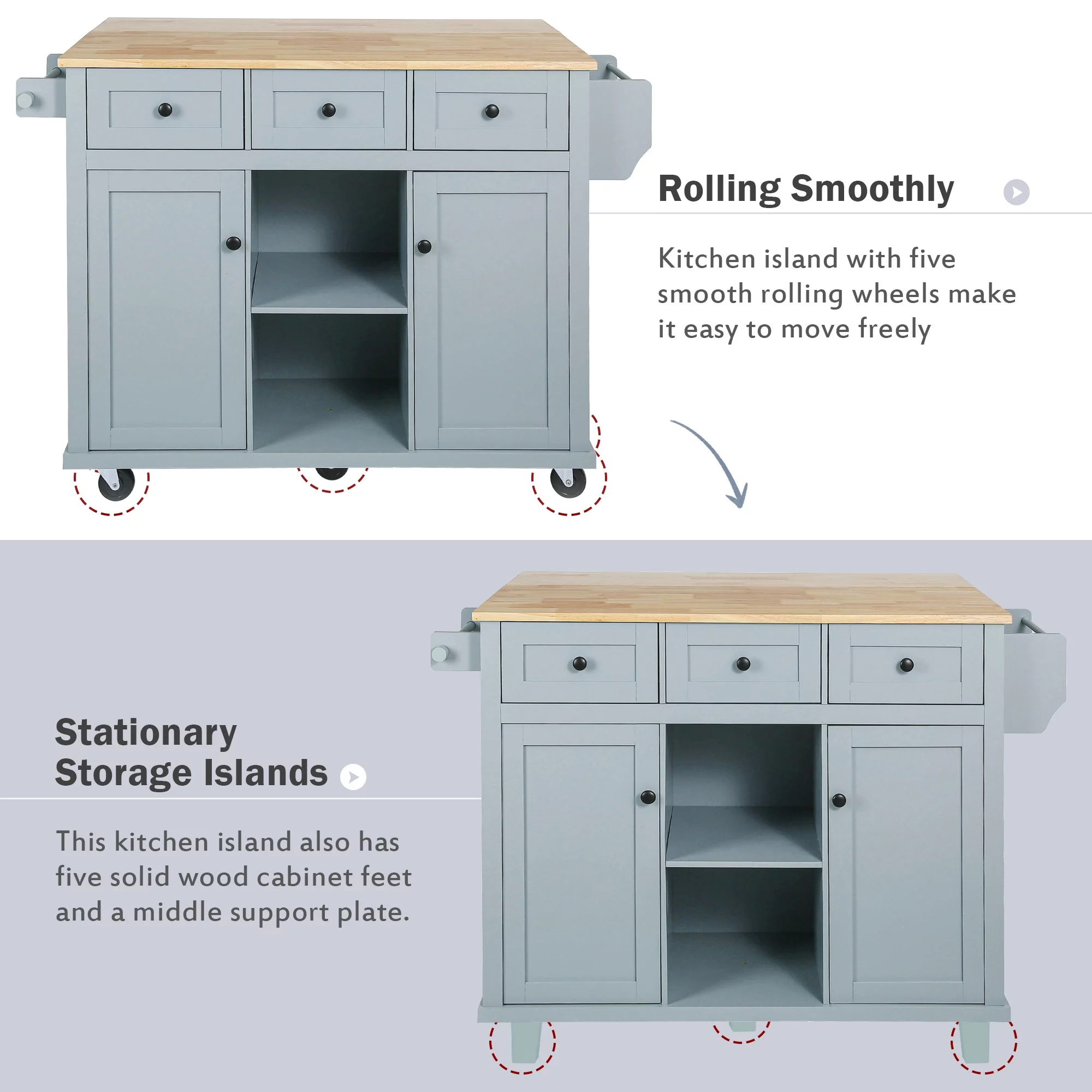 Churanty Kitchen Island with Drop Leaf and Wheels Rolling Kitchen Cart with Storage and Cabinet and 3 Drawers for Dining Room,Blue