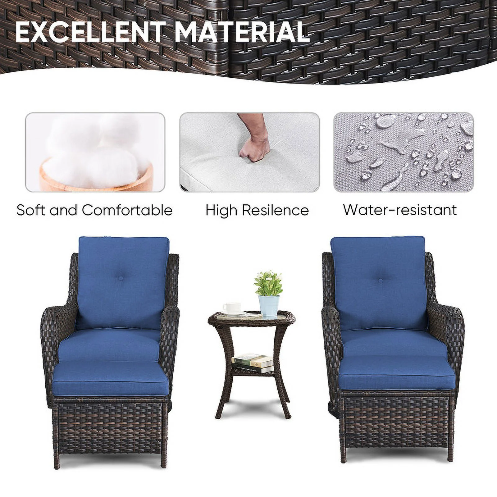 PARKWELL 5-Piece Outdoor Conversation Sets,Wicker Swivel Gliders with Ottomans,Side Table,Patio Seating Furniture with Blue Cushions,Brown Wicker