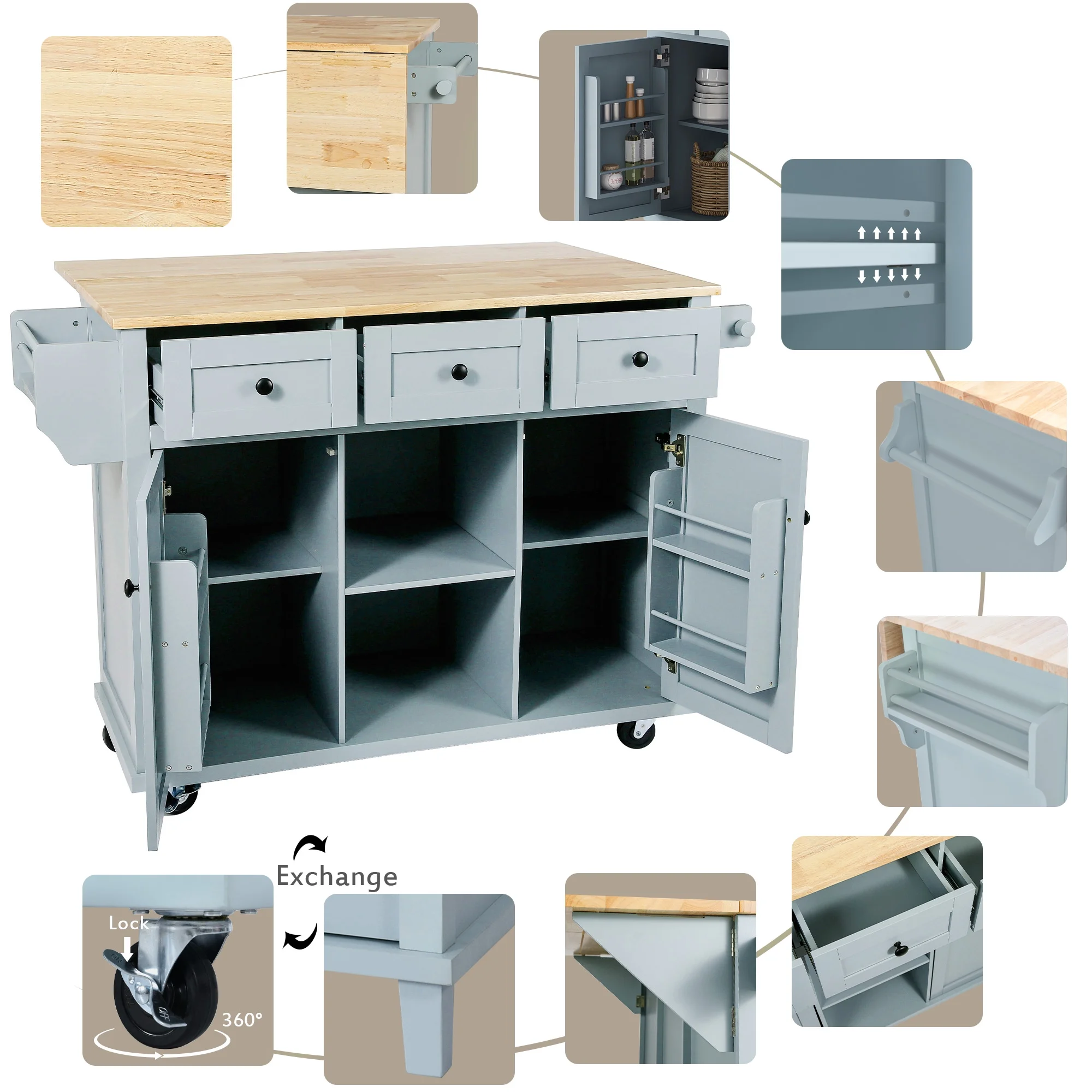 Churanty Kitchen Island with Drop Leaf and Wheels Rolling Kitchen Cart with Storage and Cabinet and 3 Drawers for Dining Room,Blue