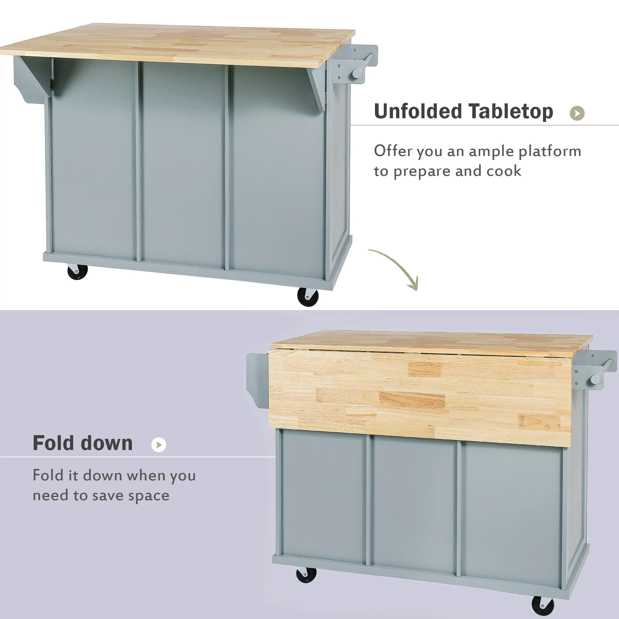 Churanty Kitchen Island with Drop Leaf and Wheels Rolling Kitchen Cart with Storage and Cabinet and 3 Drawers for Dining Room,Blue