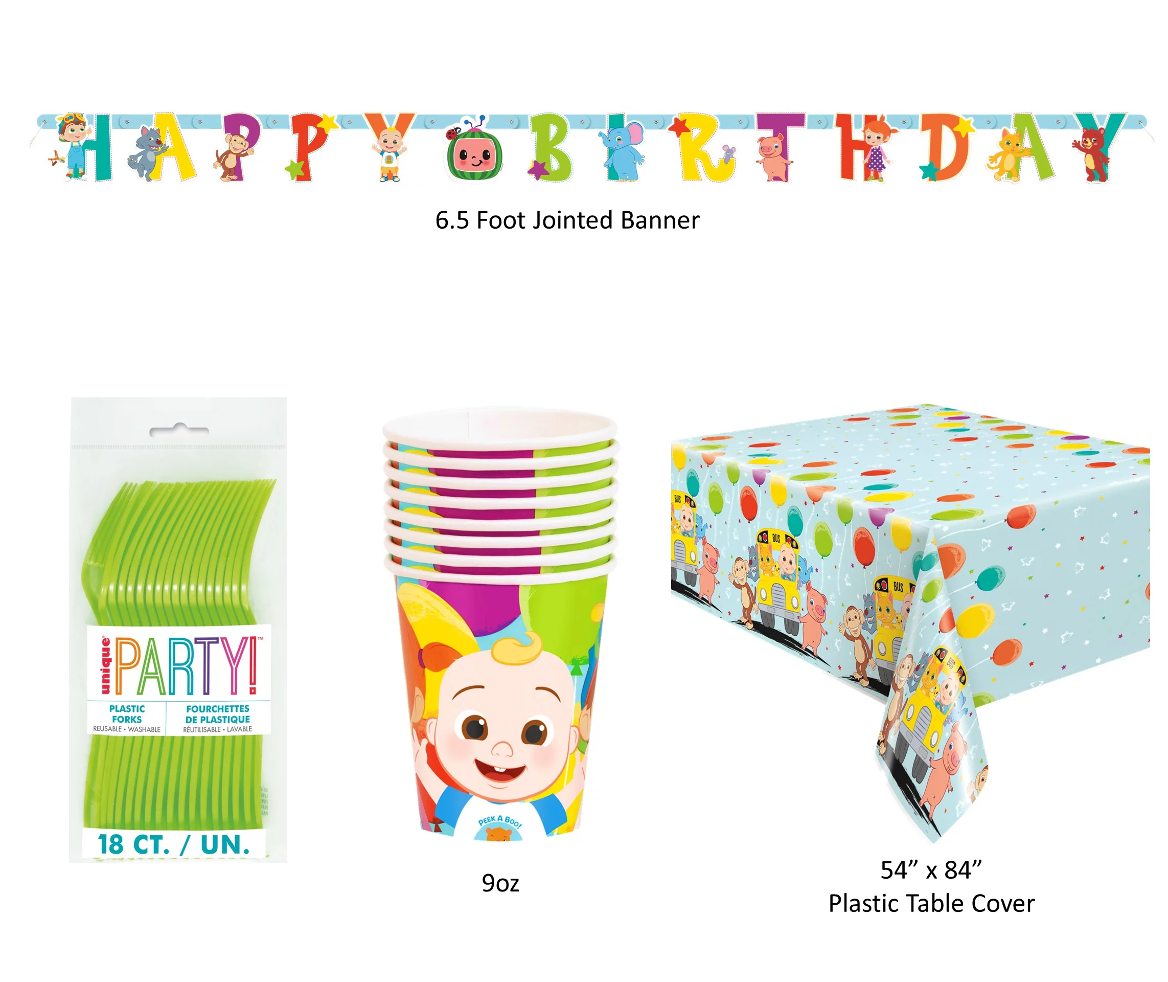 Cocomelon Birthday Party Supplies with Luncheon Plates, Cake Plates, Napkins, Cups, Tablecover, and Forks for 8 Guests