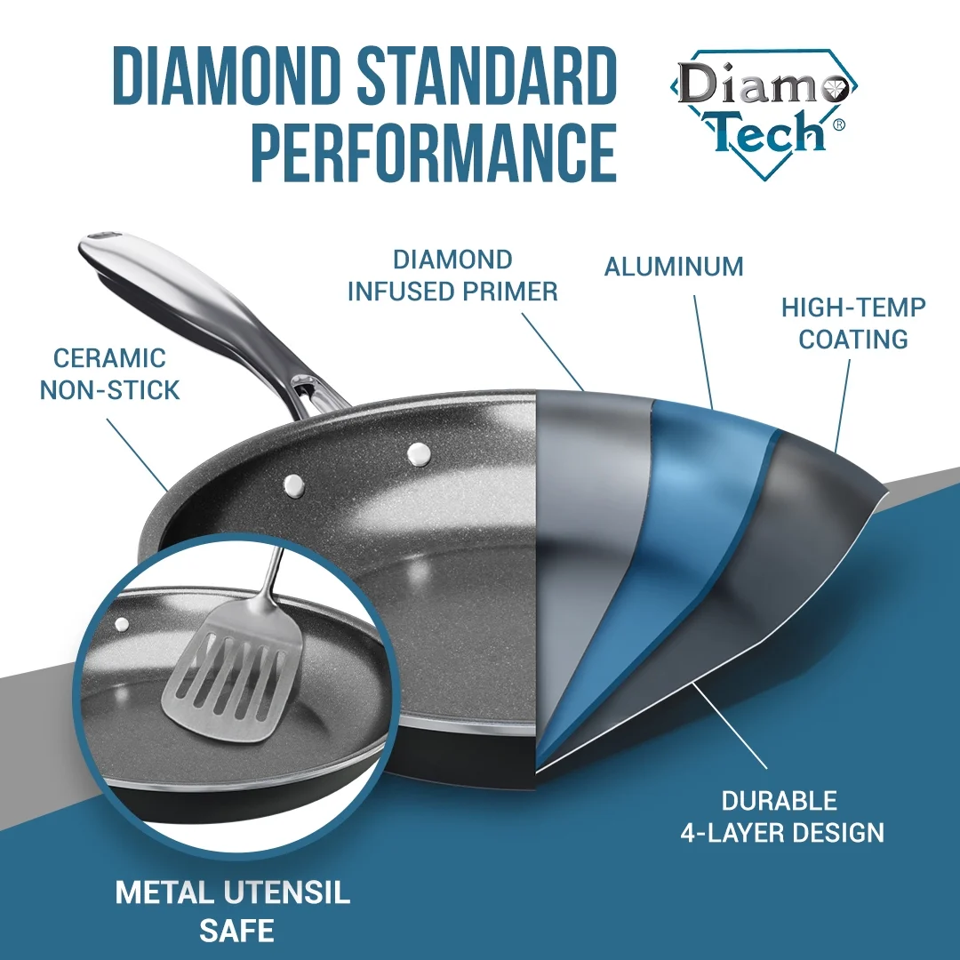 DiamoTech Toxin Free Ceramic Metal Utensil Oven Safe, 9.5 inch Fry Pan/Skillet