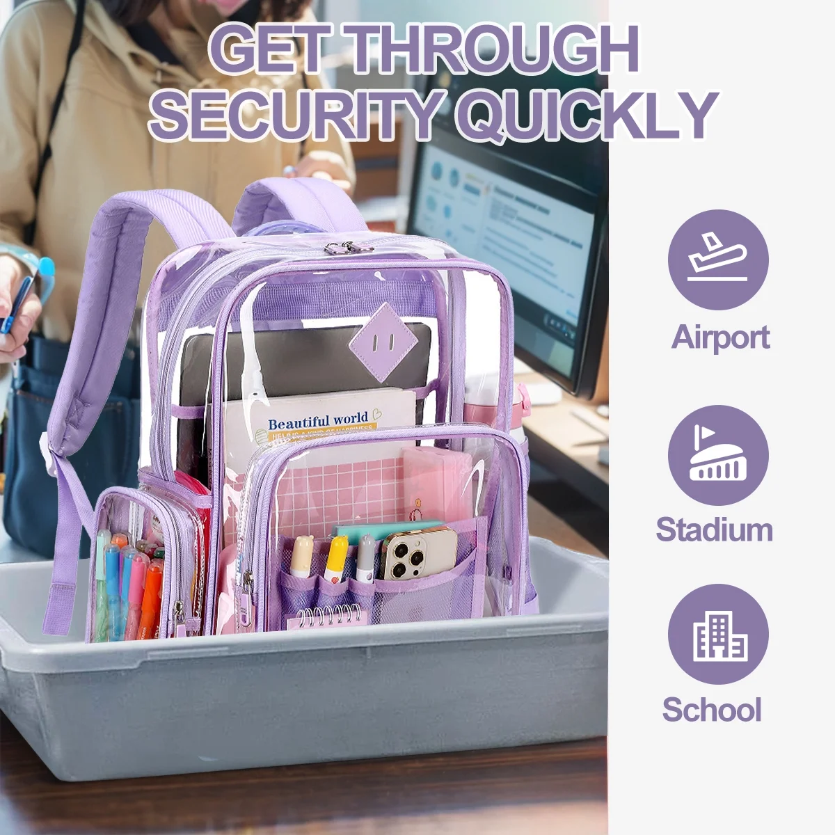 Sanmadrola Clear Backpack Heavy Duty Stadium Approved School Bookbag Large Waterproof PVC Transparent Backpacks for Kids Adults Clear Bag with Reinforced Strap for School Travel Purple