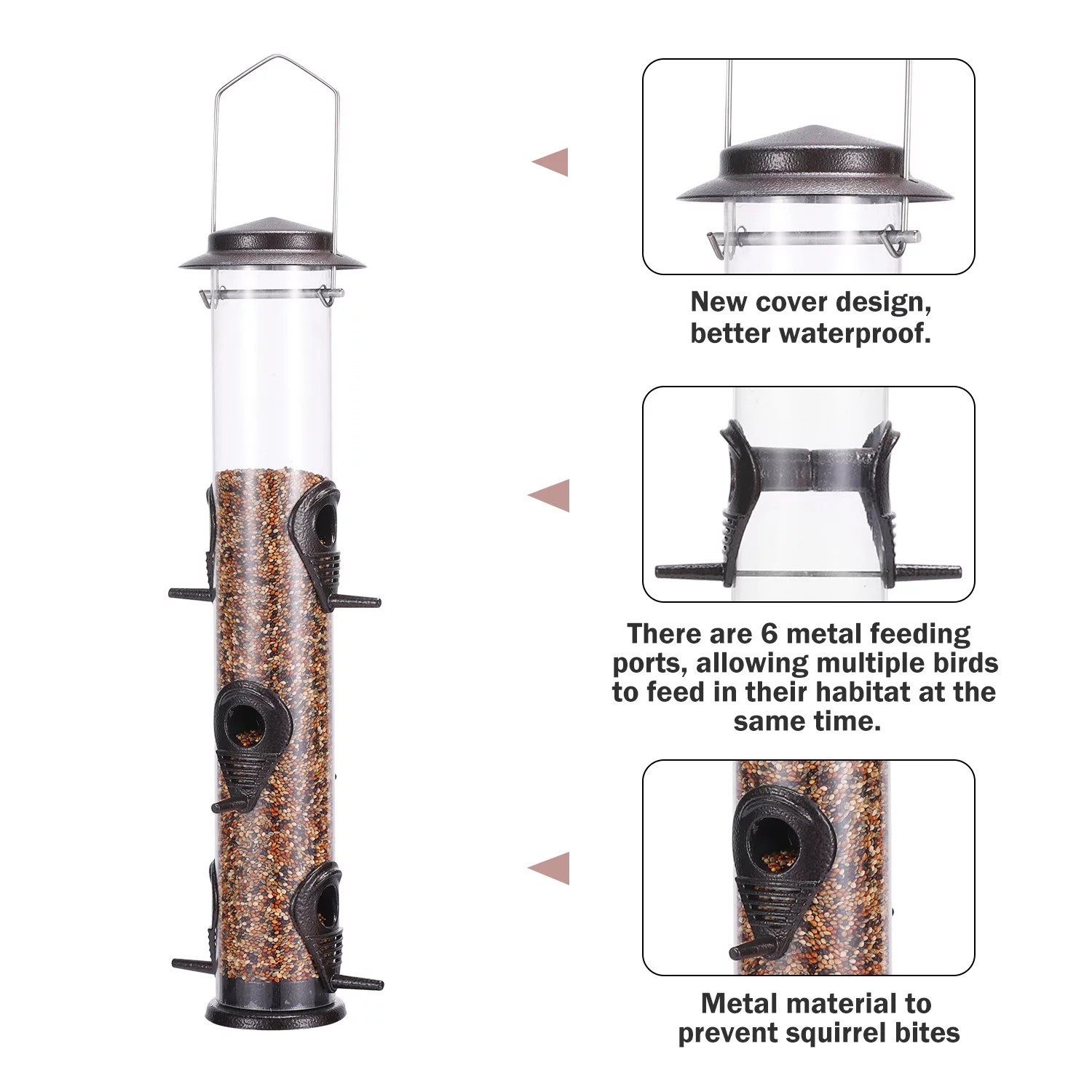 Urban Deco Metal Bird Feeder Tube Hanging Wild Bird Seed Feeder, Steel Hanger  Great for Attracting Birds (Coffee)