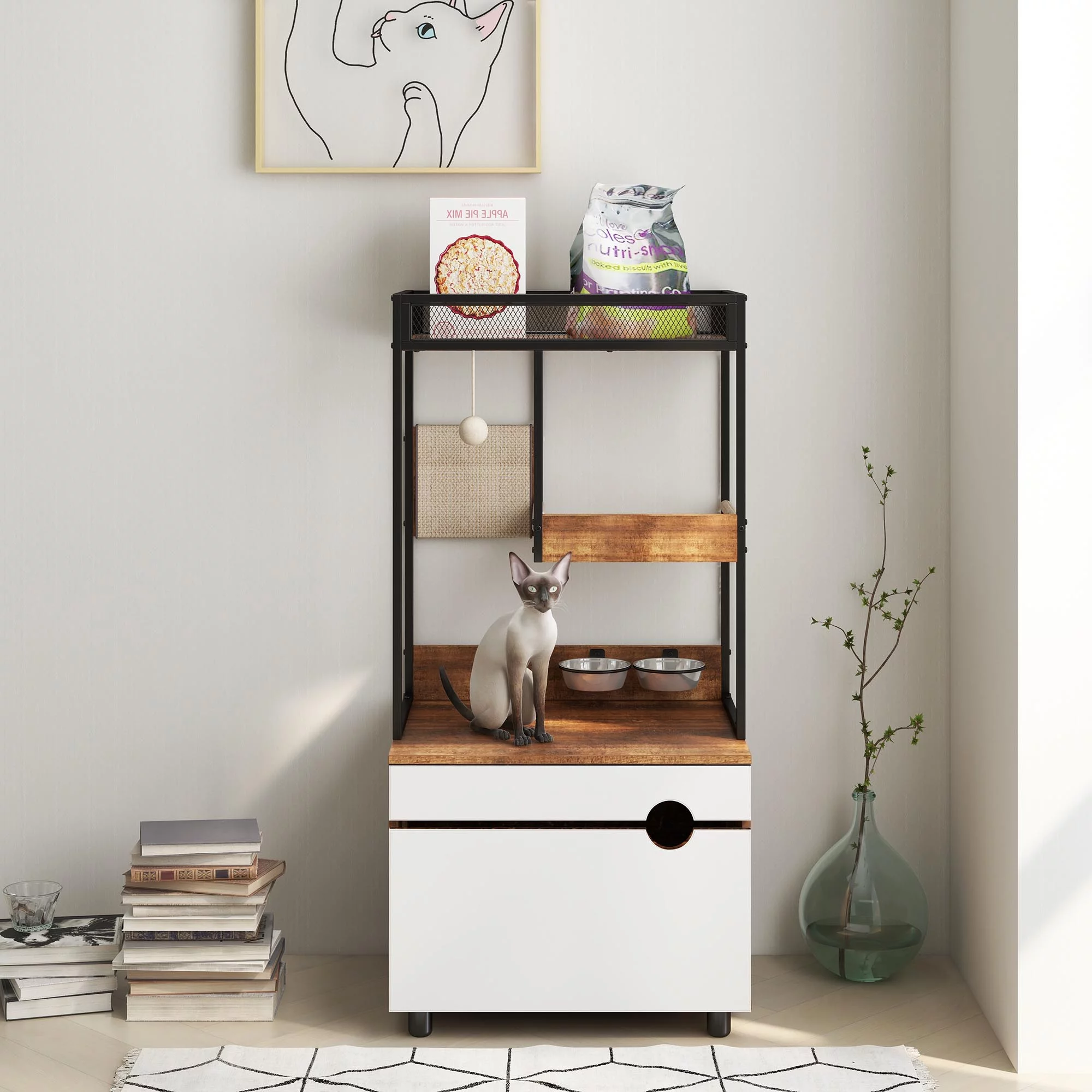 Hidden Cat Litter Box Enclosures with Cat Tree Tower, Cat Furniture with Scratching Pads and Large Storage Space, Industrial Cat Cabinet with Shelves and Doors, Rustic Brown