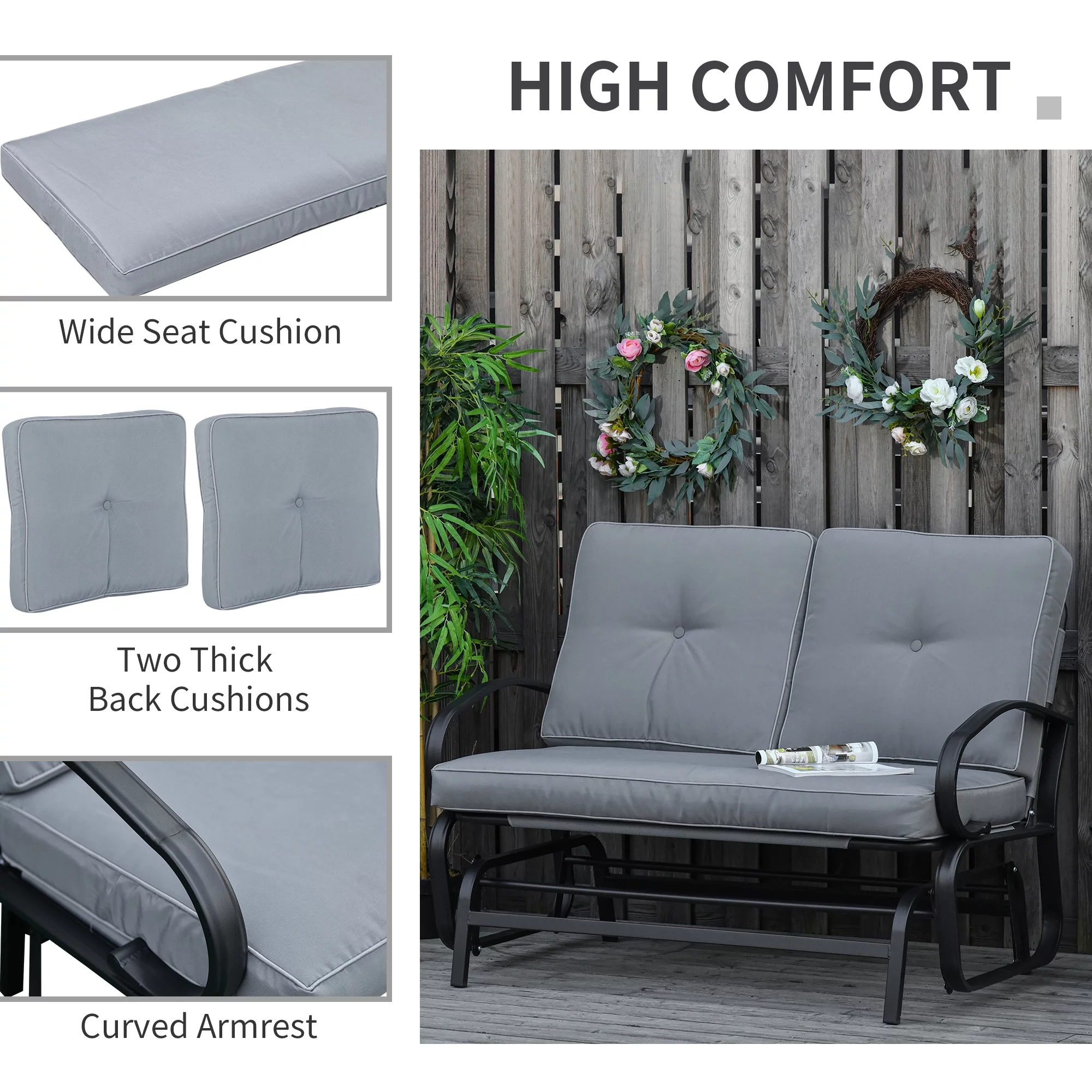 Outsunny Outdoor Garden 2-Person Gliding Chair Patio Glider with Cushions Grey
