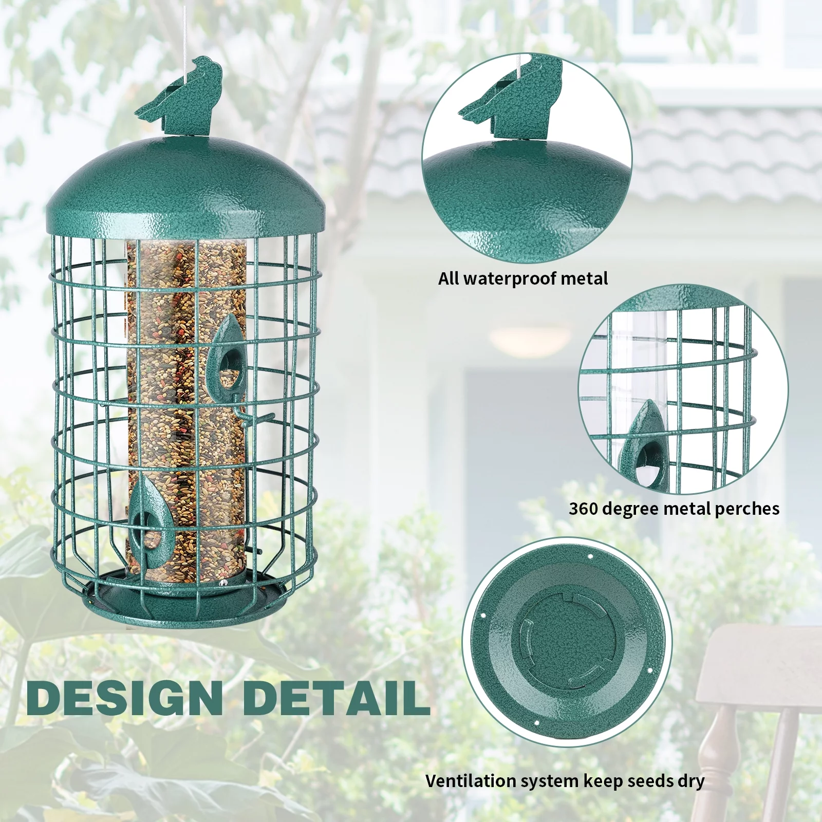 MUMTOP Squirrel Deterrent Green Bird Feeders for Outdoors Hanging, 2.73 lb Large Capacity, Caged Tube Wild Bird Feeder – Premium Grade Steel, Chew-Proof and Weather Resistant