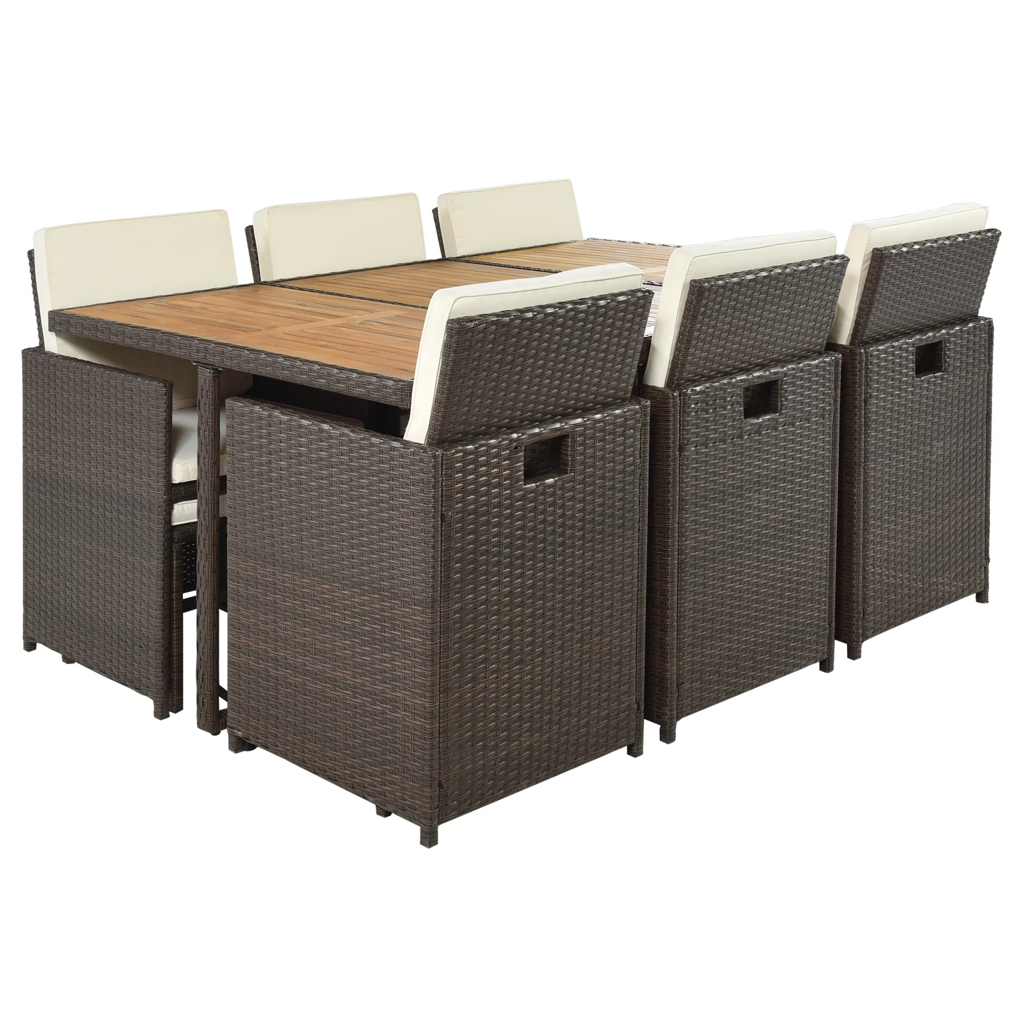 Euroco 11 Pieces Patio Dining Table Set All-Weather PE Wicker Table Set for 10 Persons, Brown Rattan & Beige Cushion
