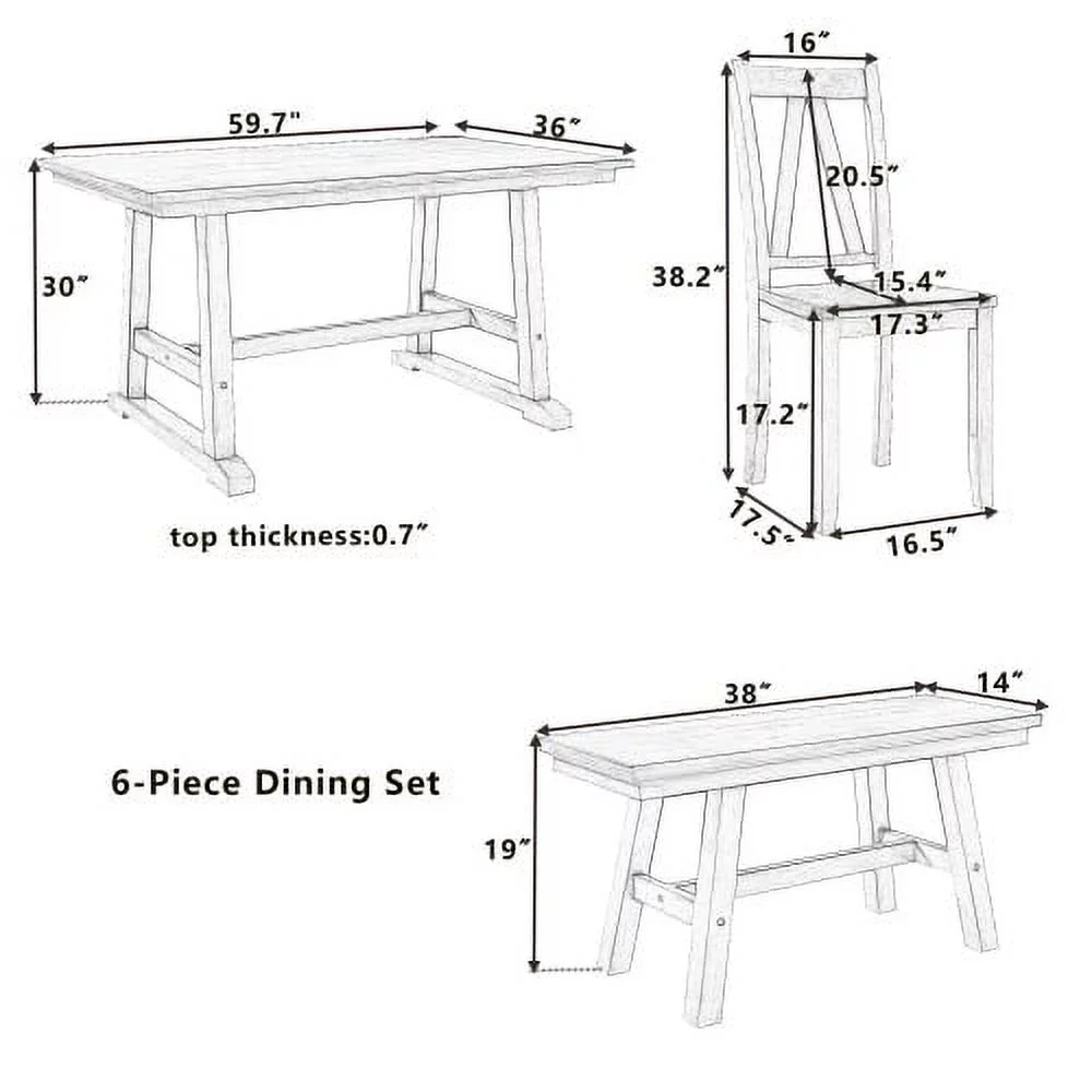 Churanty Wood Farmhouse Dining Table Set for 6 Kitchen Rectangle Table with Long Bench and 4 Dining Chairs, Walnut+Gray