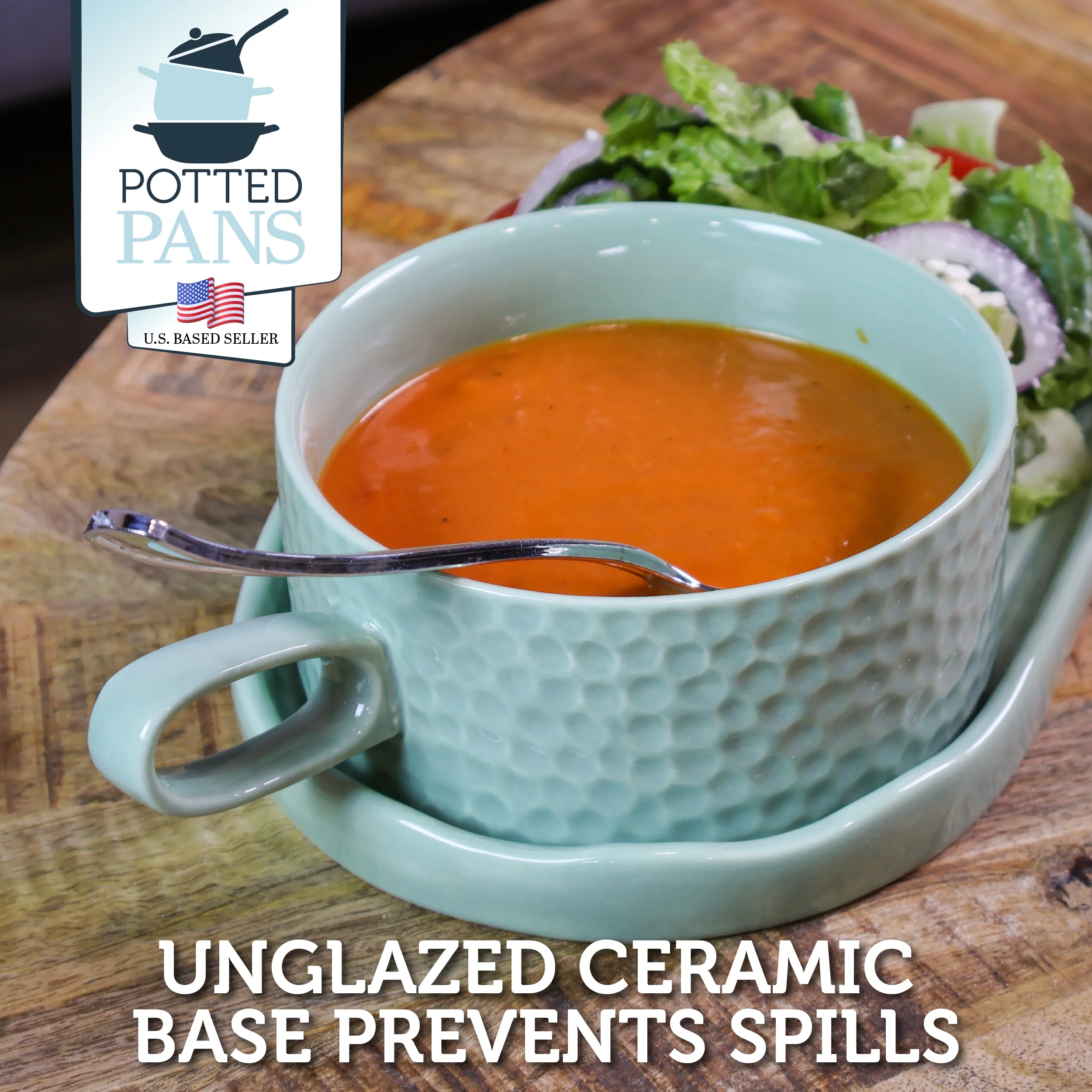 Potted Pans Soup and Sandwich Set of 1 - 16oz Mint Soup Bowl with Serving Plate