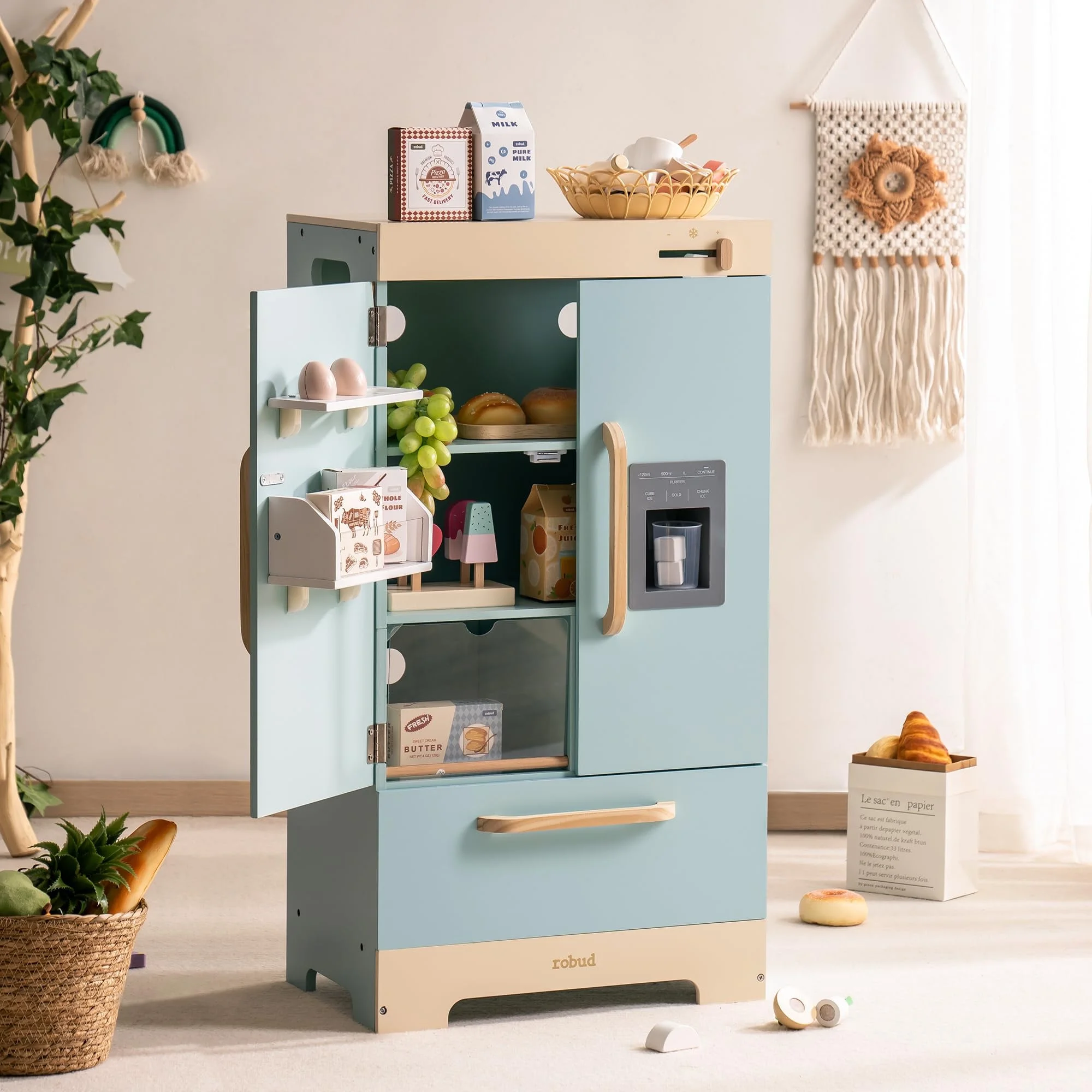 Robud Play Kitchen for Toddlers,Fridge Refrigerator with Ice Dispenser,Wooden Kids Play Kitchen Playset Toy,Gift for Ages 3+,Blue