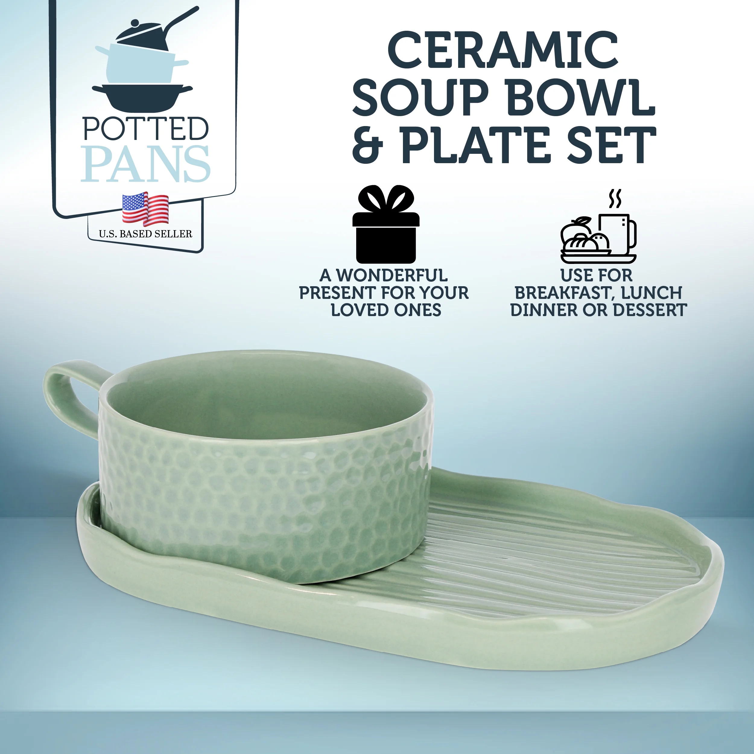 Potted Pans Soup and Sandwich Set of 1 - 16oz Mint Soup Bowl with Serving Plate