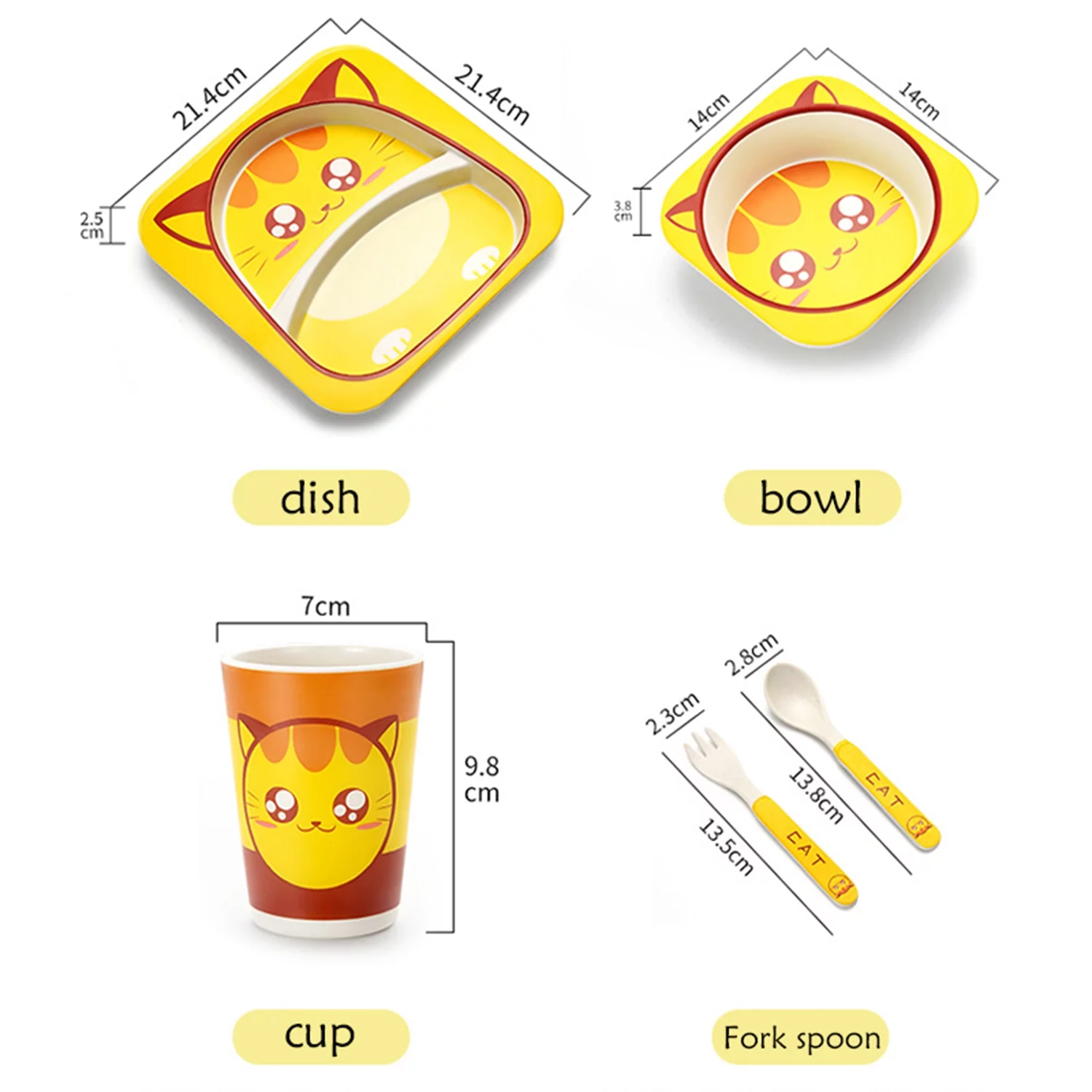5Pcs/Set Bamboo Kids Dinnerware Set - Children Dishes - BPA Free Food Plate Bowl Cup Spoon Fork Set Dishware, Cartoon Tableware - Strawberry