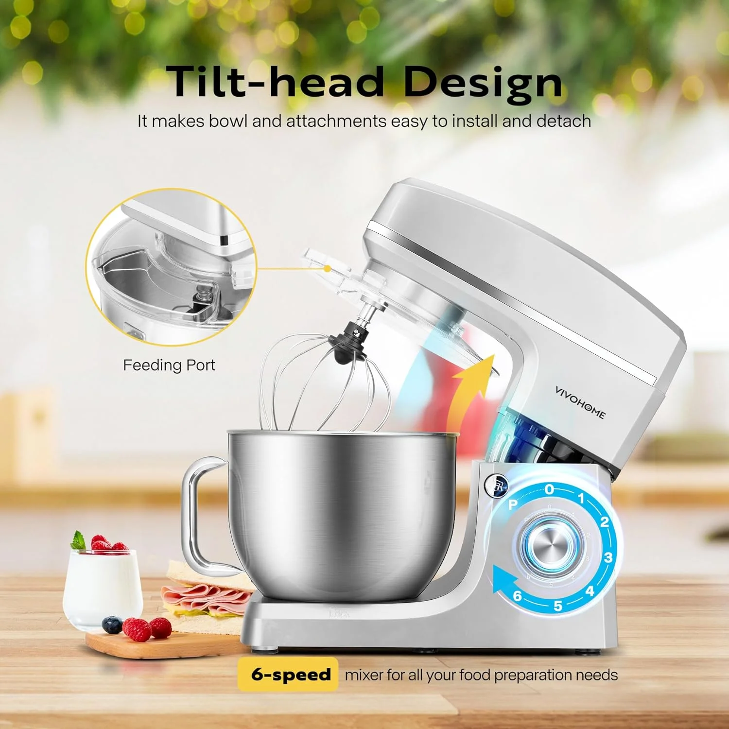 SPECSTAR 7.5 Quart Stand Mixer, 660W 6-Speed Tilt-Head Kitchen Electric Food Mixer with Beater, Dough Hook, Wire Whip, and Egg Separator, Silver