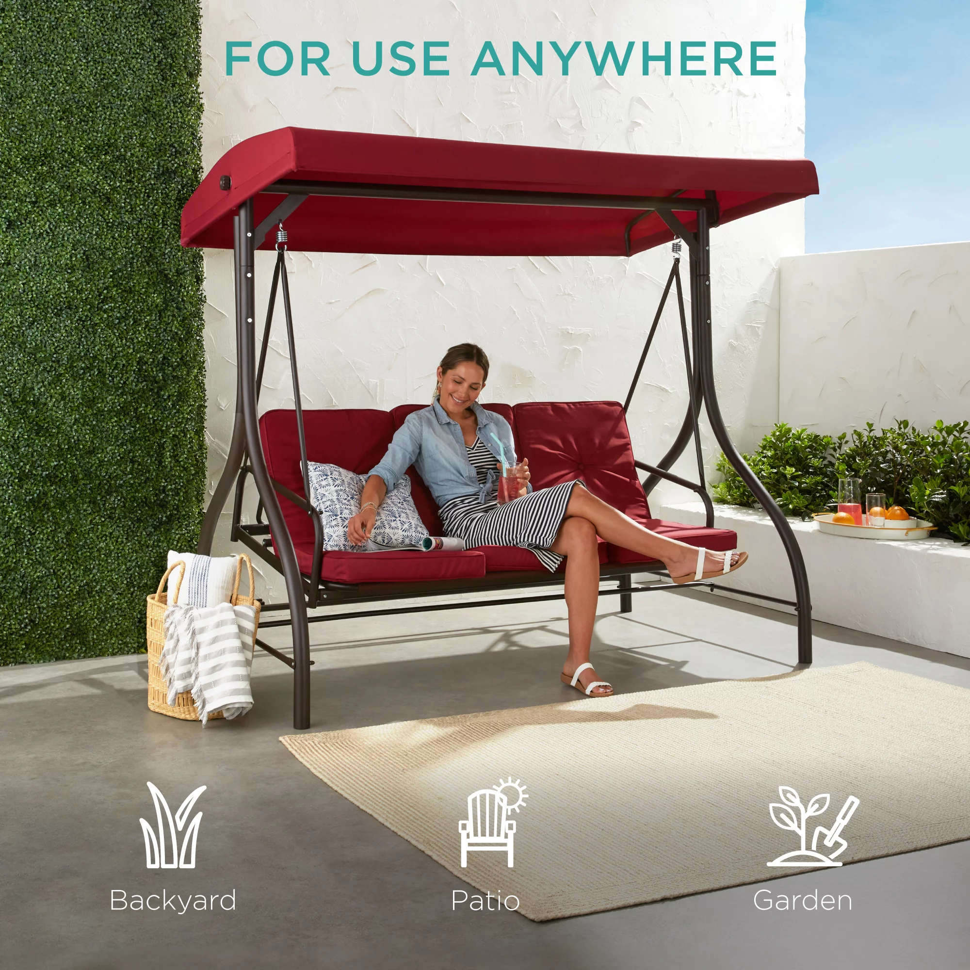 Best Choice Products 3-Seat Outdoor Converting Canopy Swing Glider Patio Hammock w/ Removable Cushions -  Burgundy
