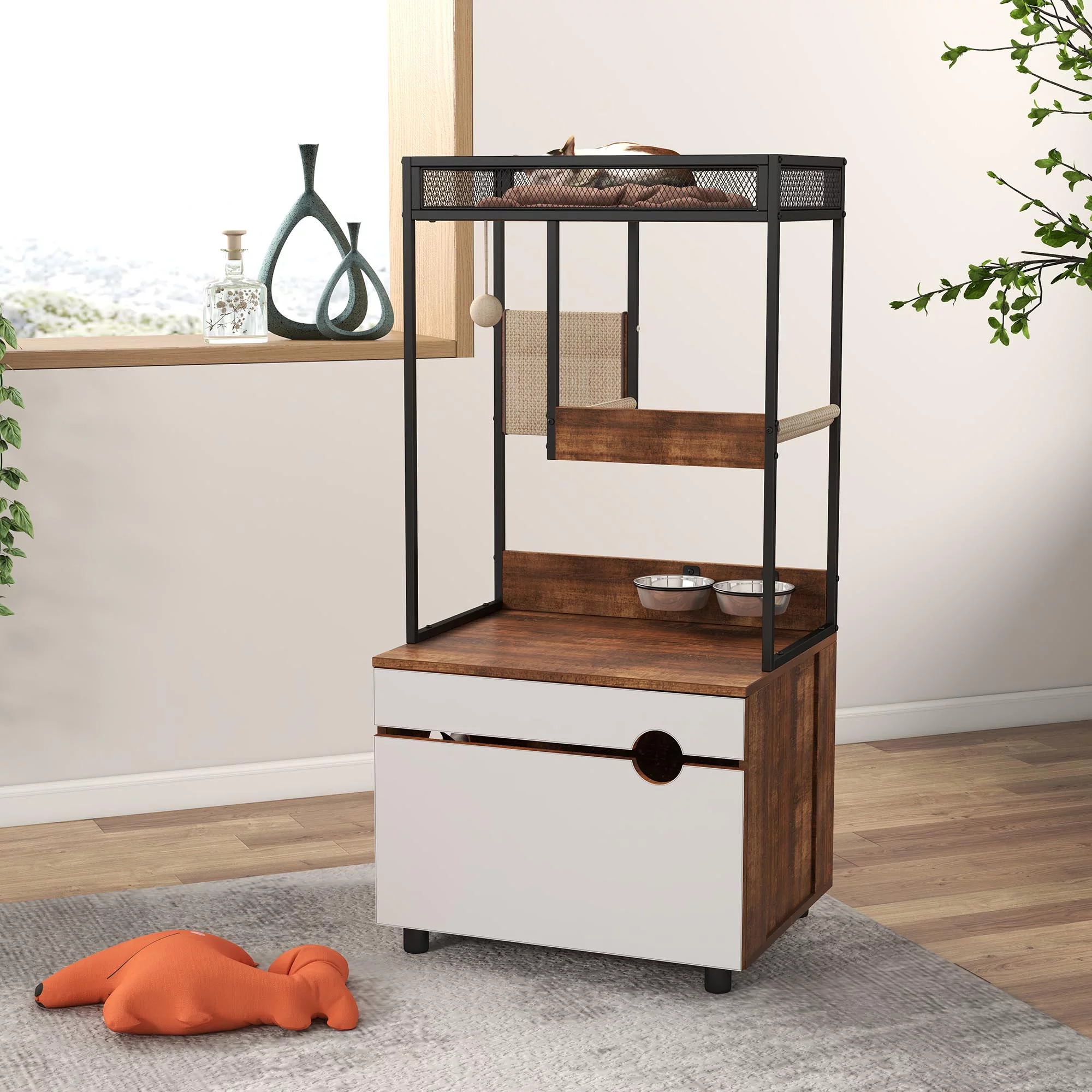 Hidden Cat Litter Box Enclosures with Cat Tree Tower, Cat Furniture with Scratching Pads and Large Storage Space, Industrial Cat Cabinet with Shelves and Doors, Rustic Brown