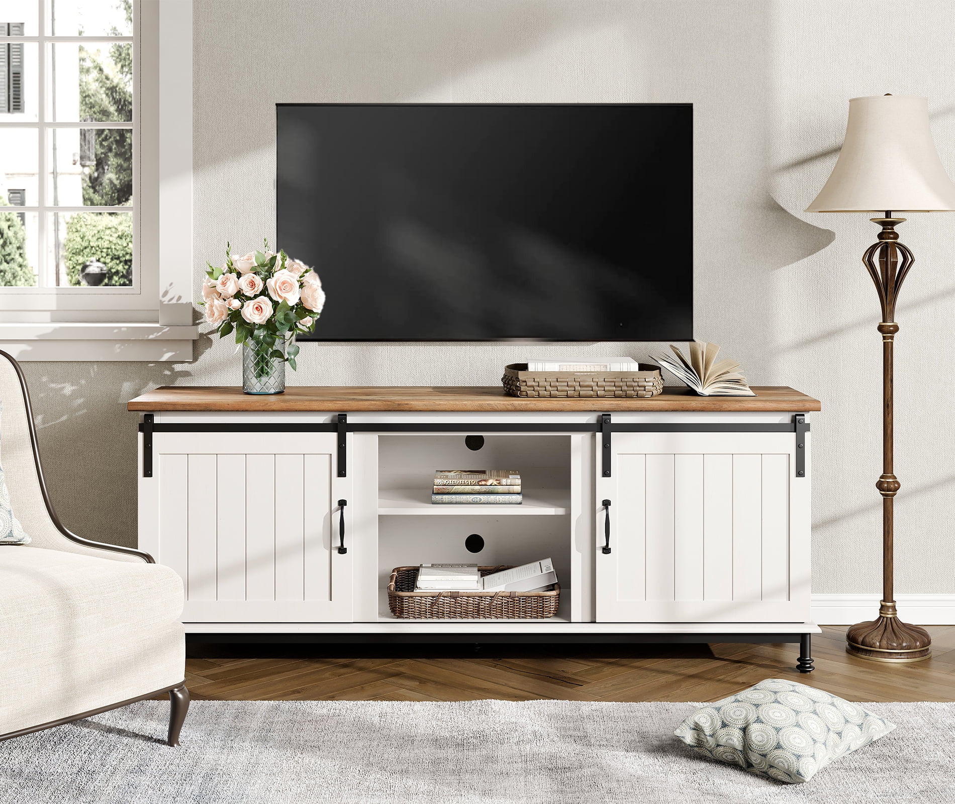 WAMPAT 3 Pieces Living Room Table Sets,1 Farmhouse TV Stand, 1 Coffee Table with Drawer,1 End Table with Charging Station, White/Oak