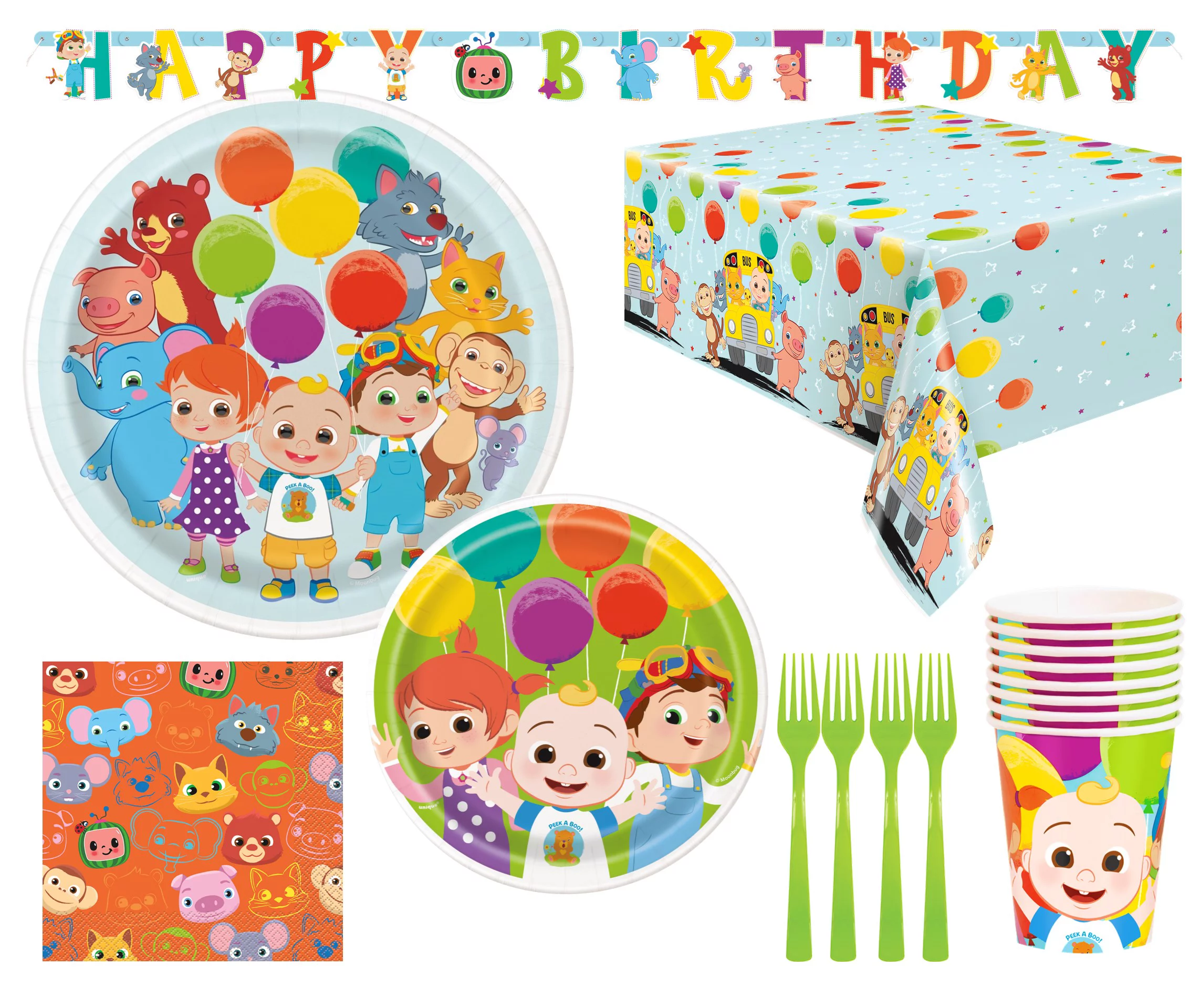 Cocomelon Birthday Party Supplies with Luncheon Plates, Cake Plates, Napkins, Cups, Tablecover, and Forks for 8 Guests