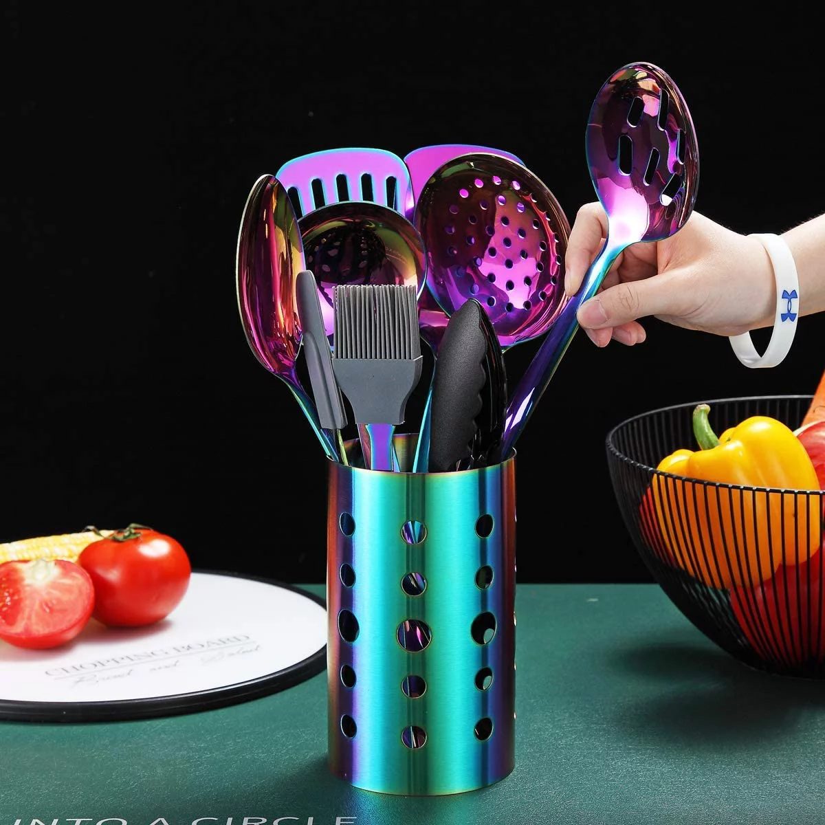 Just Houseware Rainbow Kitchen Utensils Set, 13-Piece Stainless Steel Cooking Utensils Set, Rainbow Cookware Kitchen Set With Utensil Holder For Non-Stick
