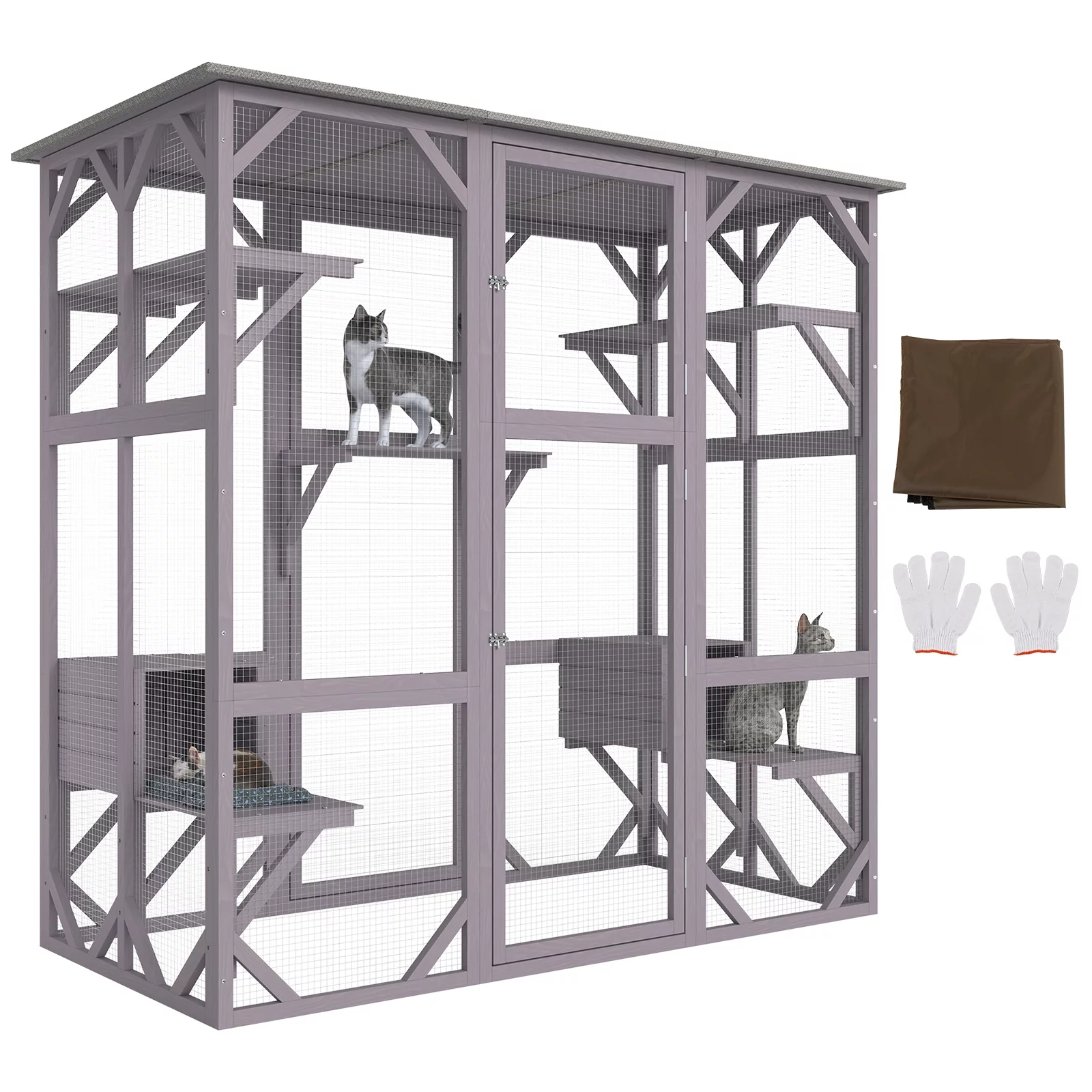 SKYSHALO Cat House Outdoor, 7-Tier Large Catio, Cat Enclosure with 5 Platforms, 2 Resting Boxes & Large Front Door, 71.2 x 34.6 x 66.5 inch
