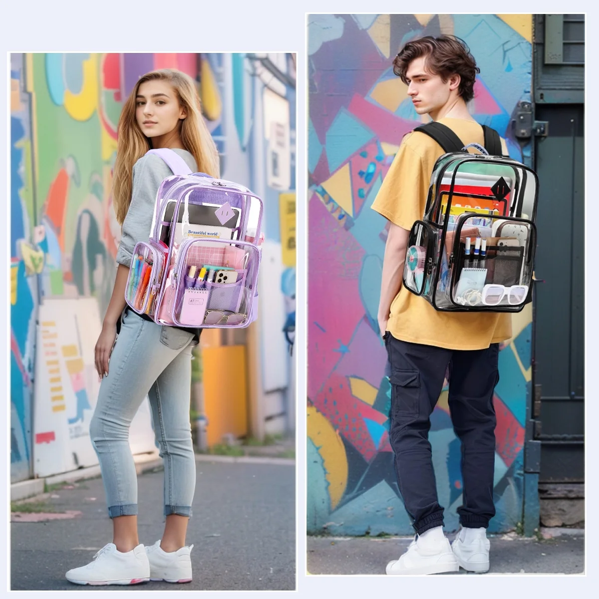 Sanmadrola Clear Backpack Heavy Duty Stadium Approved School Bookbag Large Waterproof PVC Transparent Backpacks for Kids Adults Clear Bag with Reinforced Strap for School Travel Purple