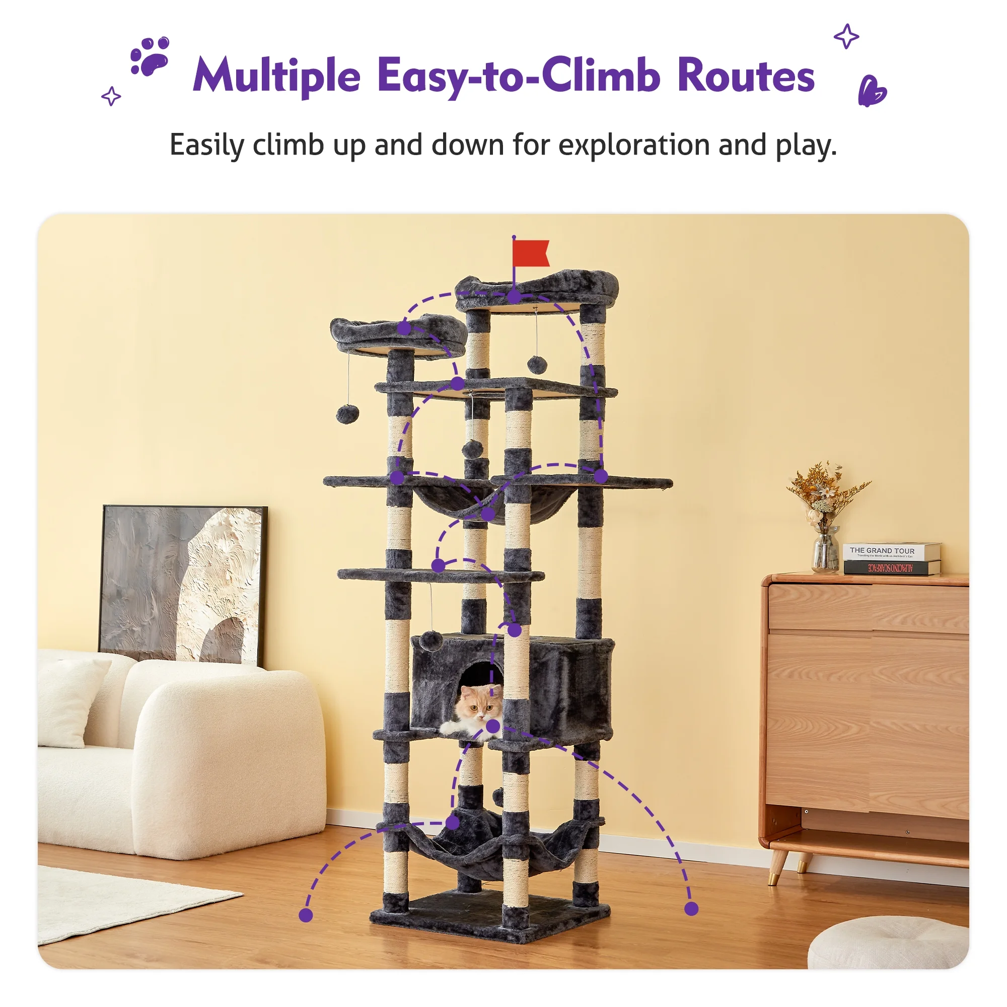 NECOLIKE 73.6'' Cat Tree for Large Cat Tower with Condo, 2 Perches and 2 Hammocks, Dark Gray