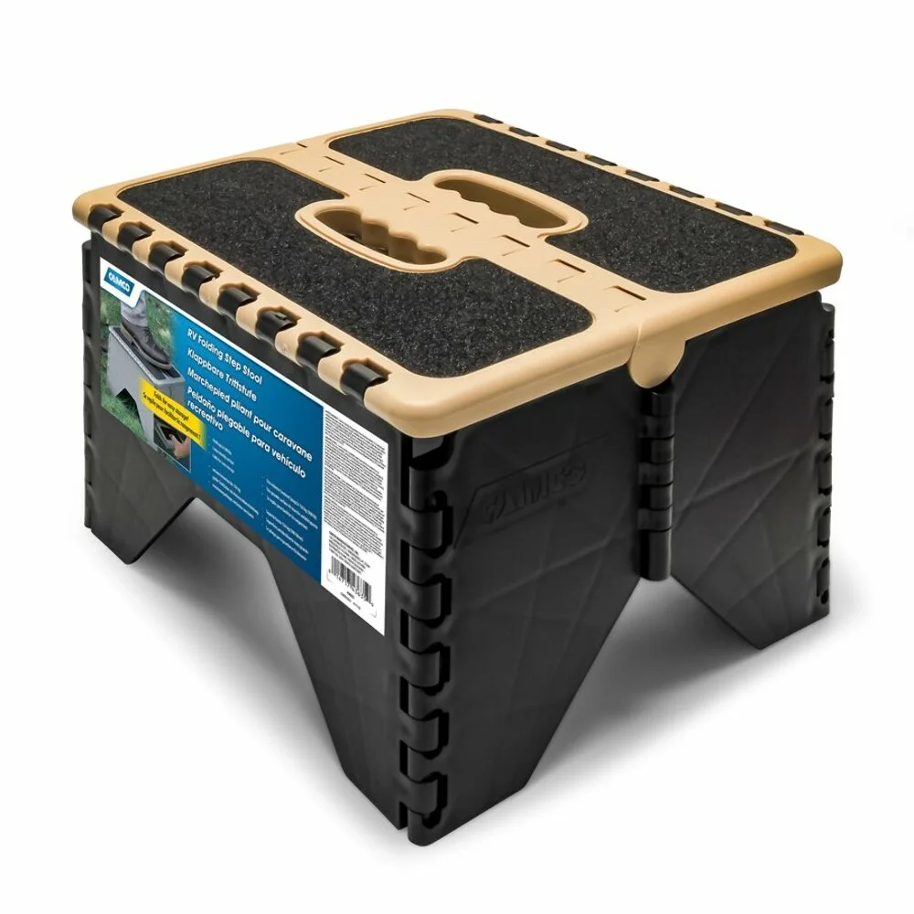 Camco Folding Step Stool | Supports up to 300lbs | Impact resistant Resin, Black and Tan (43638)