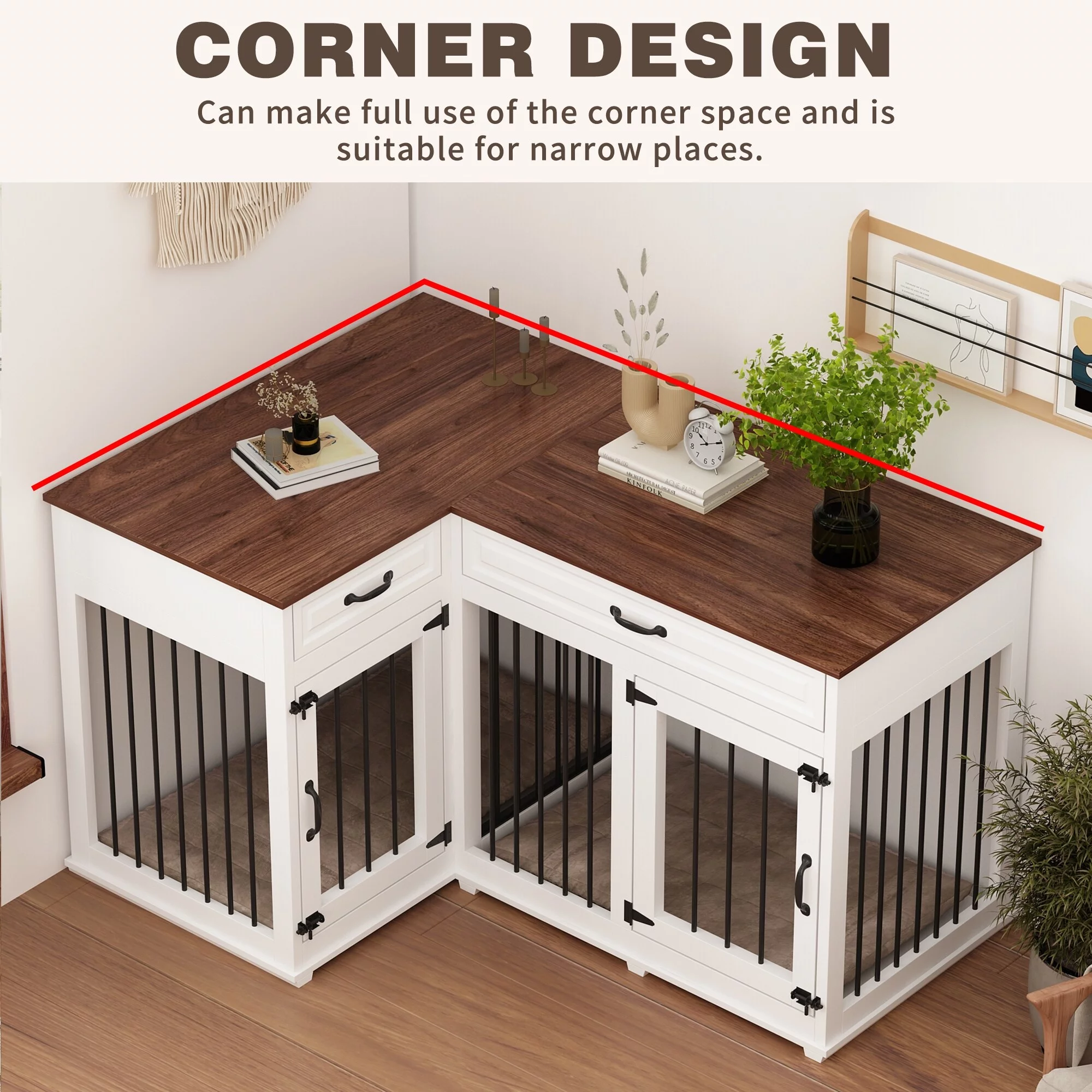 Large Corner Dog Crate Furniture For 2 Dogs With 2 Drawers TV Stand