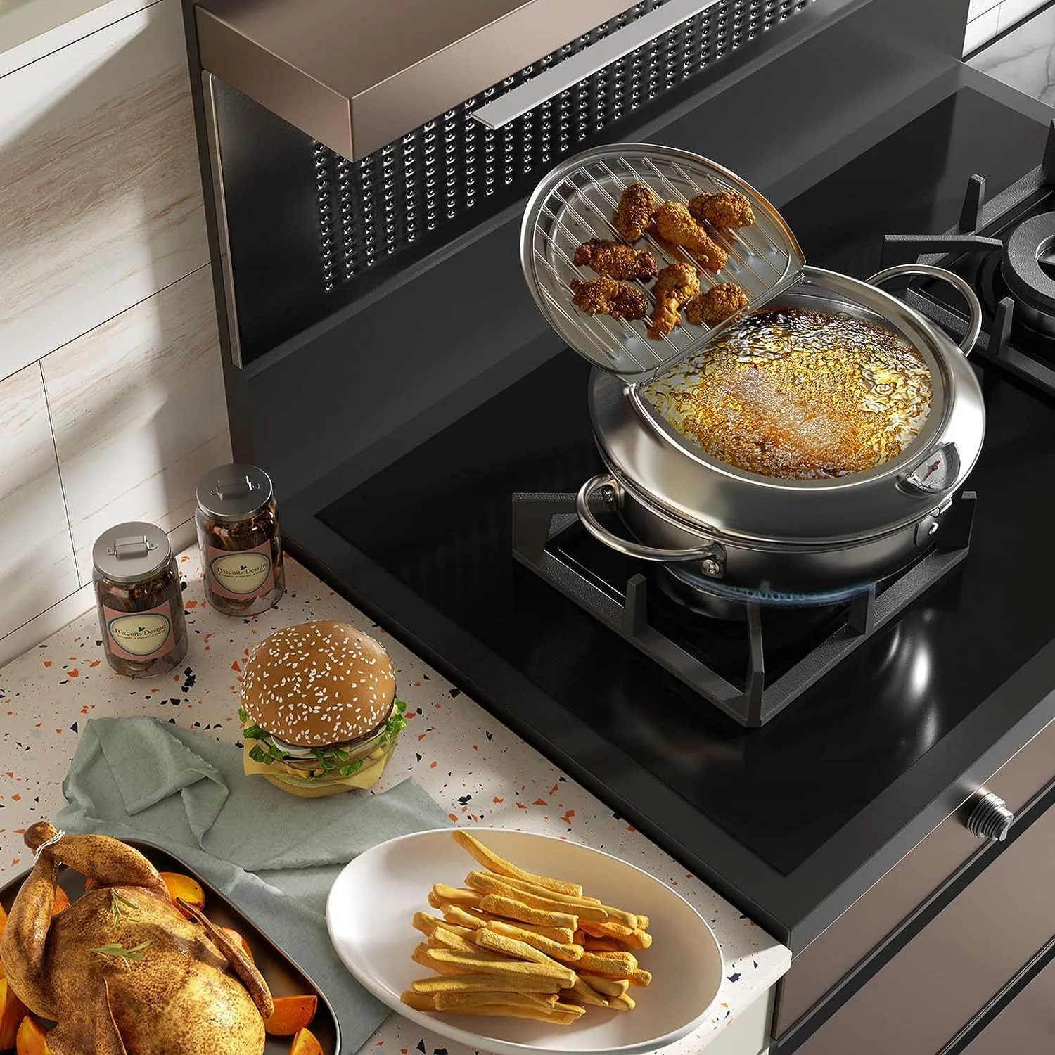 Hawsaiy 9.4 Inch/3.4 L Deep Fryer Pot Janpanese Style Tempura Frying Pot with Lid, 304 Stainless Steel with Temperature Control and Oil Drip Drainer Rack, for Kitchen French Fries, Chicken etc