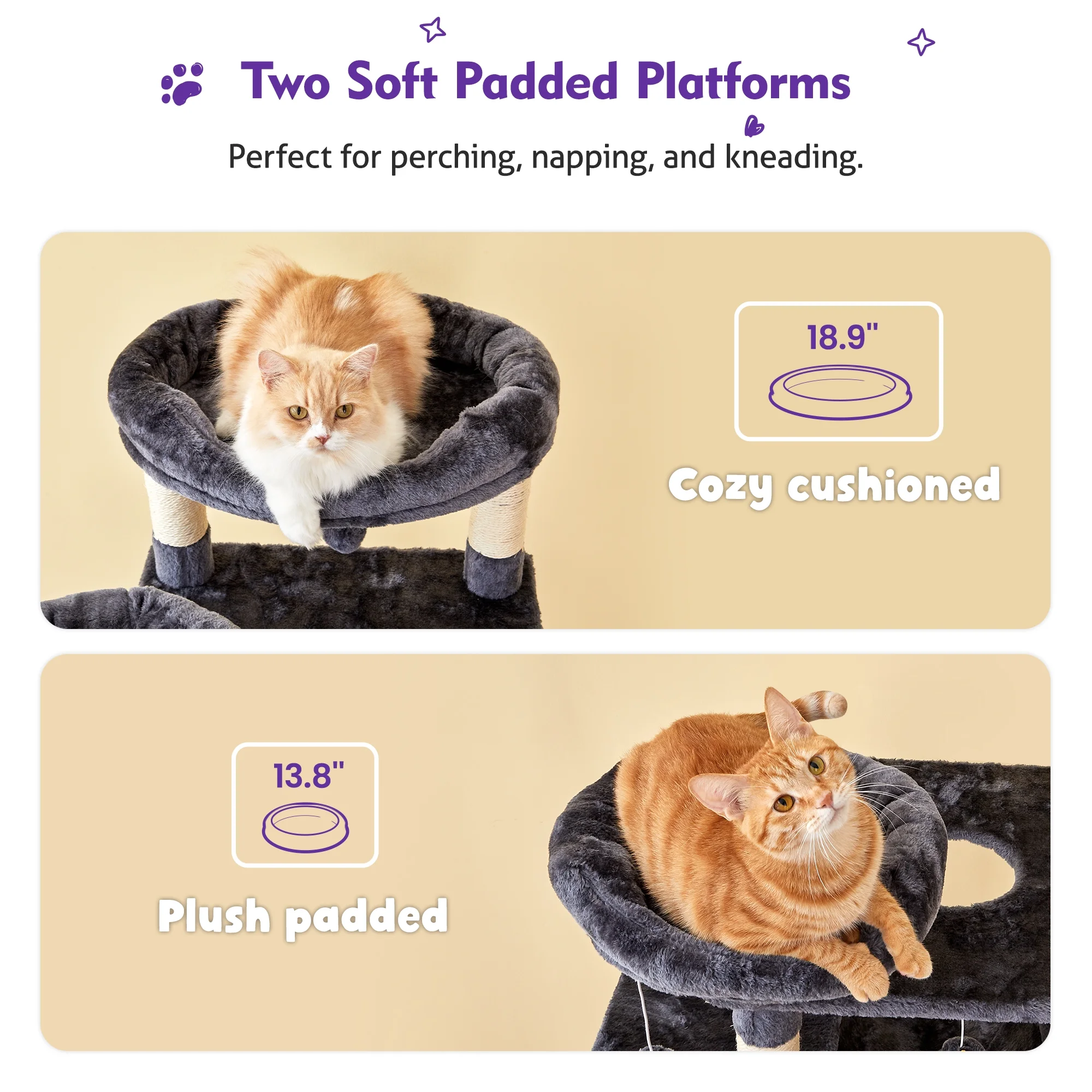 NECOLIKE 73.6'' Cat Tree for Large Cat Tower with Condo, 2 Perches and 2 Hammocks, Dark Gray