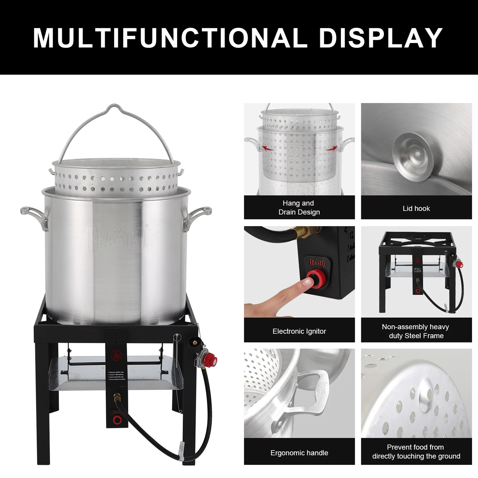 FEASTO 80 QT Seafood Boil Pot Kit with Basket and Electronic Ignitor,100,000 BTU Propane Burner