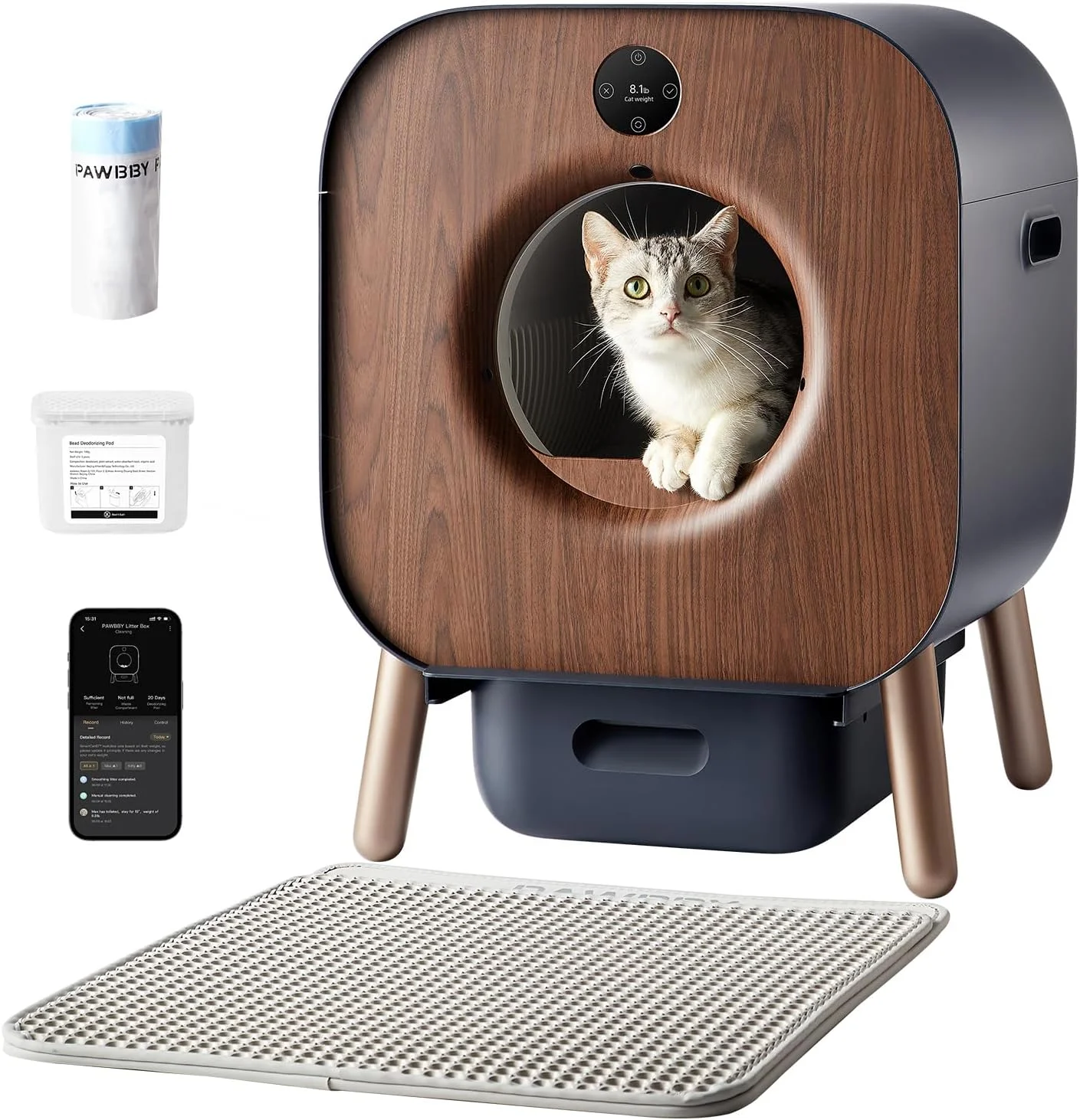 PAWBBY Self Cleaning Litter Box, Automatic Cat Litter Box Self Cleaning for Multi Cats, TUV Certified/Anti-Pinch/Safety Protection/Odor Removal/APP Control Extra Large Litter Box with Mat & Liner