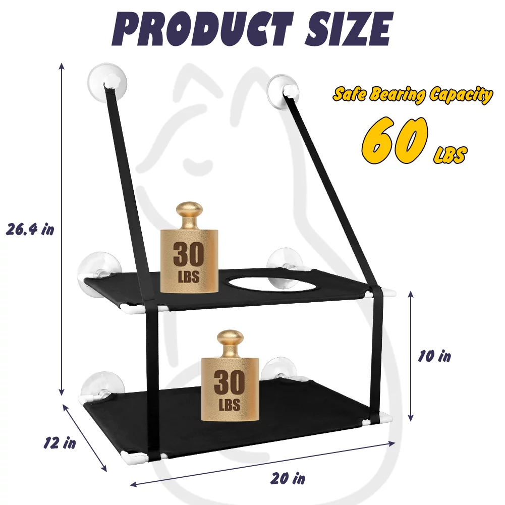 Petbobi Cat Window Perches 2 Layered Hammock Cat Bed up to 55 lb, 20'' x 12'' x 26.4'', Black