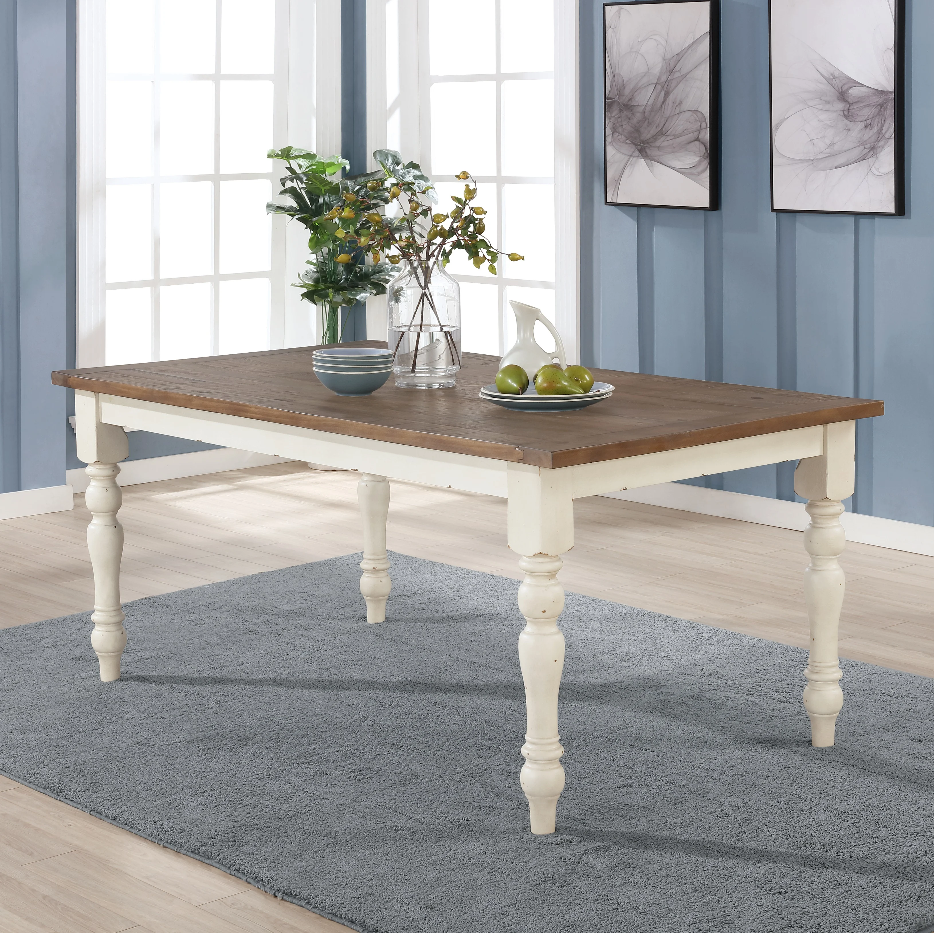 Roundhill Furniture Prato 6-piece Dining Table Set With Cross Back Chairs and Bench, Antique White and Distressed Oak
