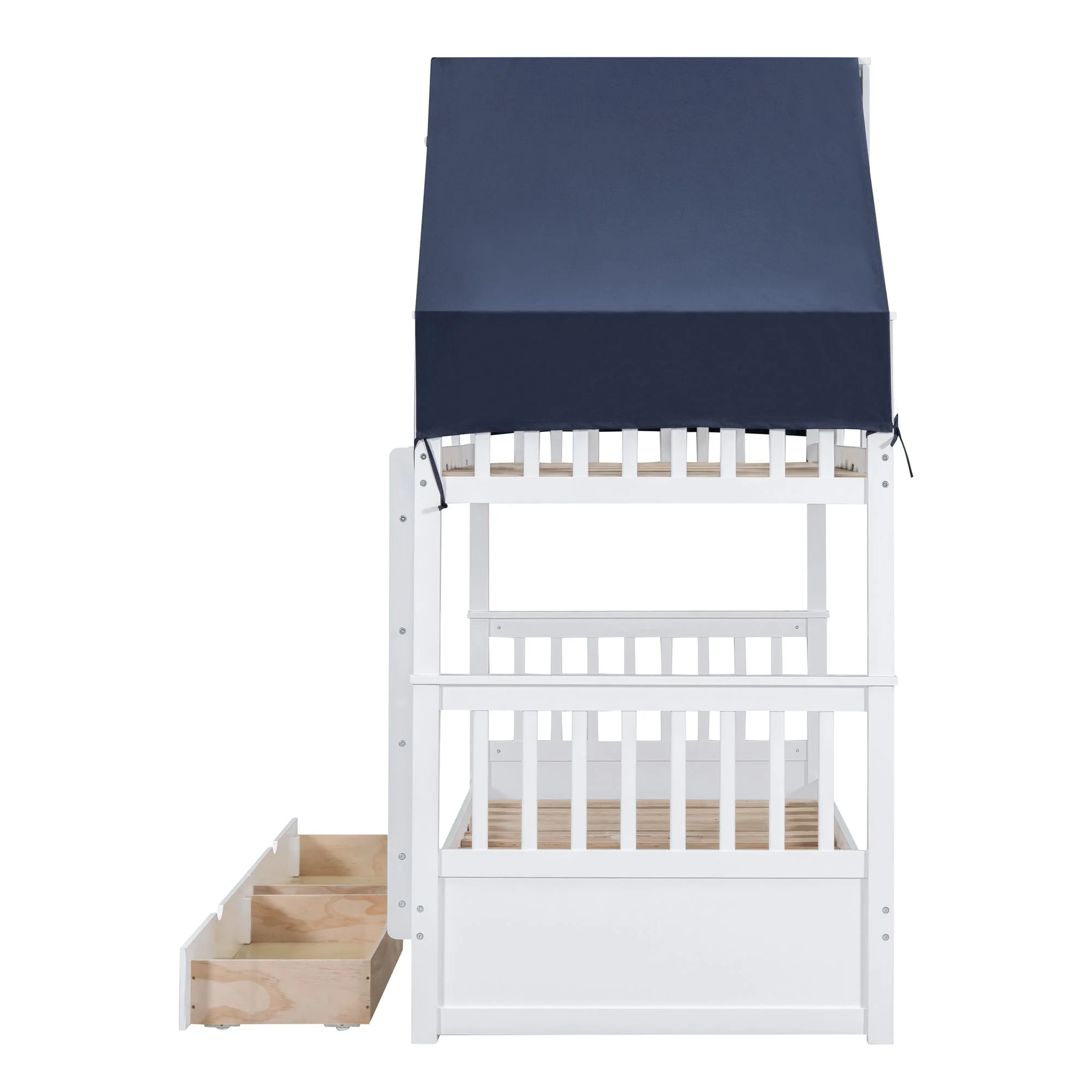 Twin Over Twin Bunk Bed with Tent and Drawers for Boys/Girls/Teens Bedroom, Wood Bed Frame with Safety Guardrail, No Box Spring Needed with Roof, Window