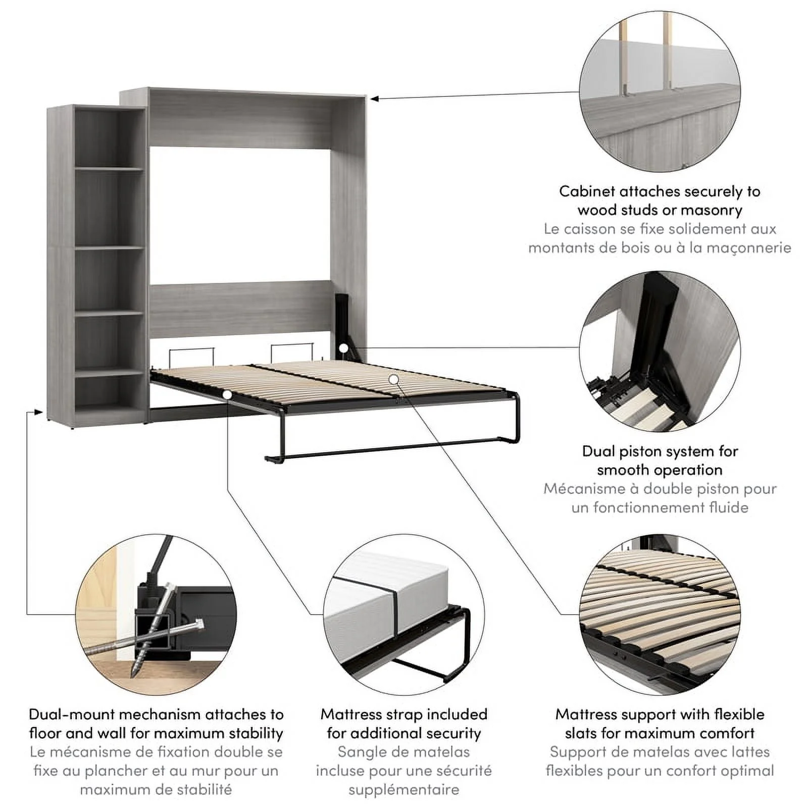 Bestar USA Claremont Wood Queen Murphy Bed with Closet Organizer in Gray