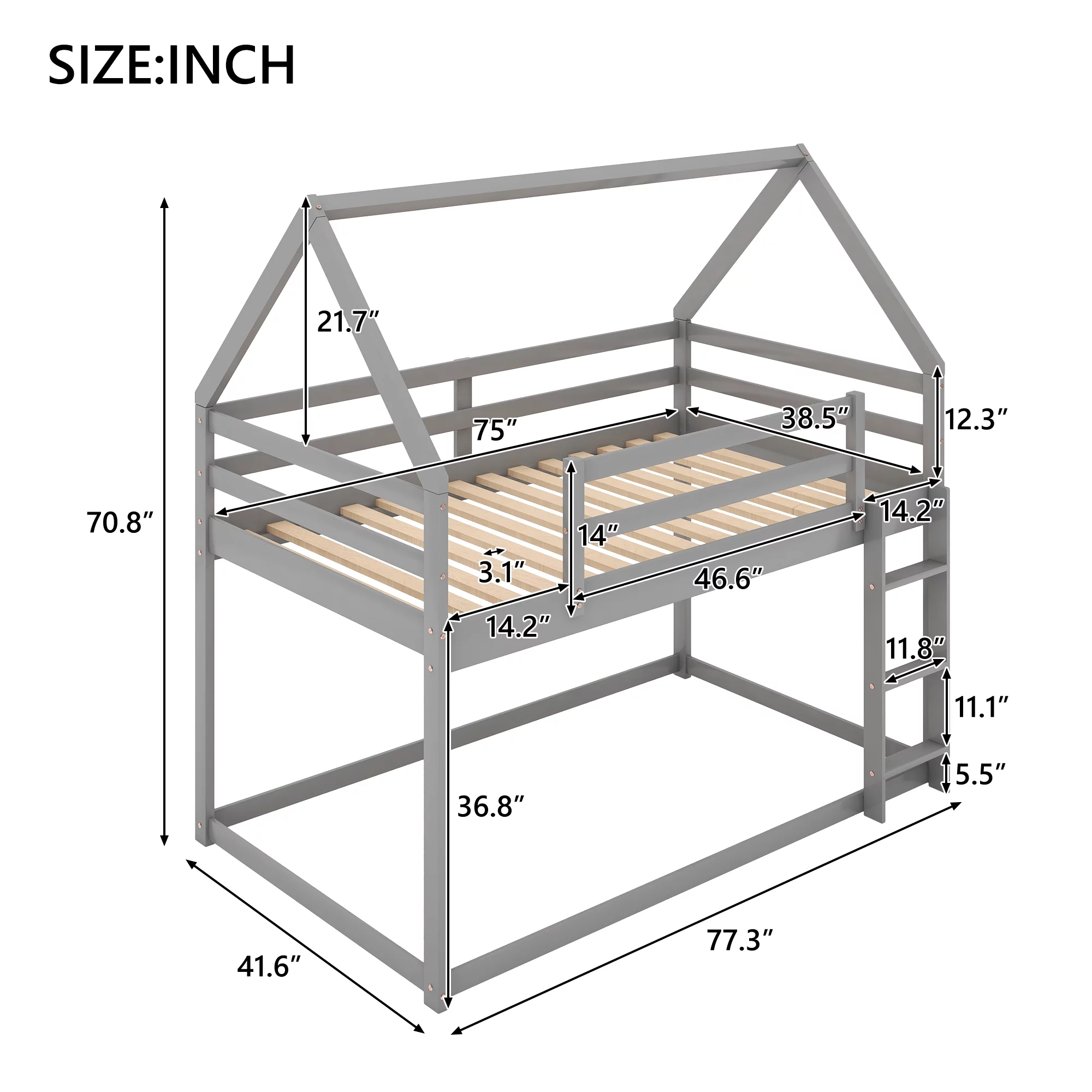 Euroco Twin over Twin House Bed, Low Bunk Bed for Kid's Room, Gray