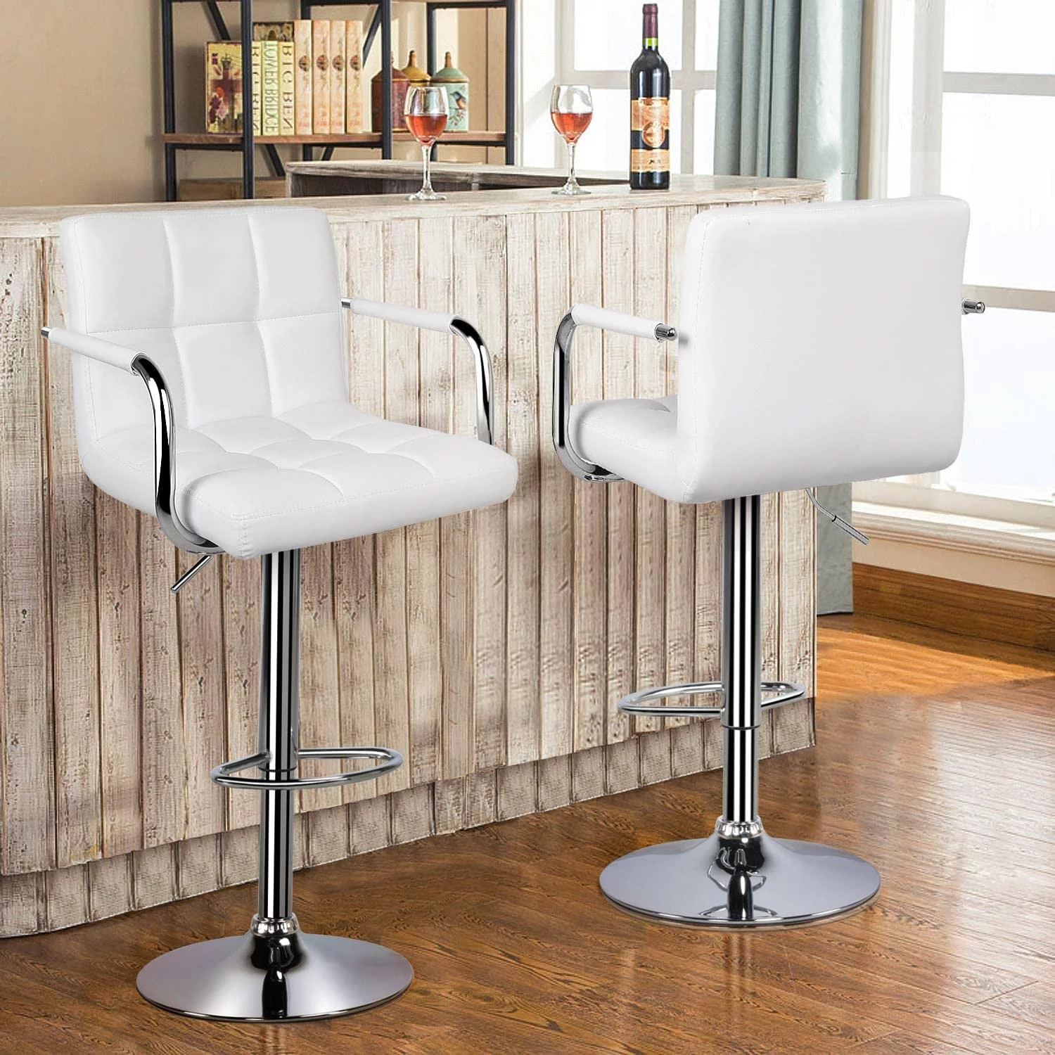 U-SHARE Tall Bar Stools Set of 2 Modern Square PU Leather Adjustable BarStools Counter Height Stools with Arms and Back Bar Chairs 360 Swivel Stool White