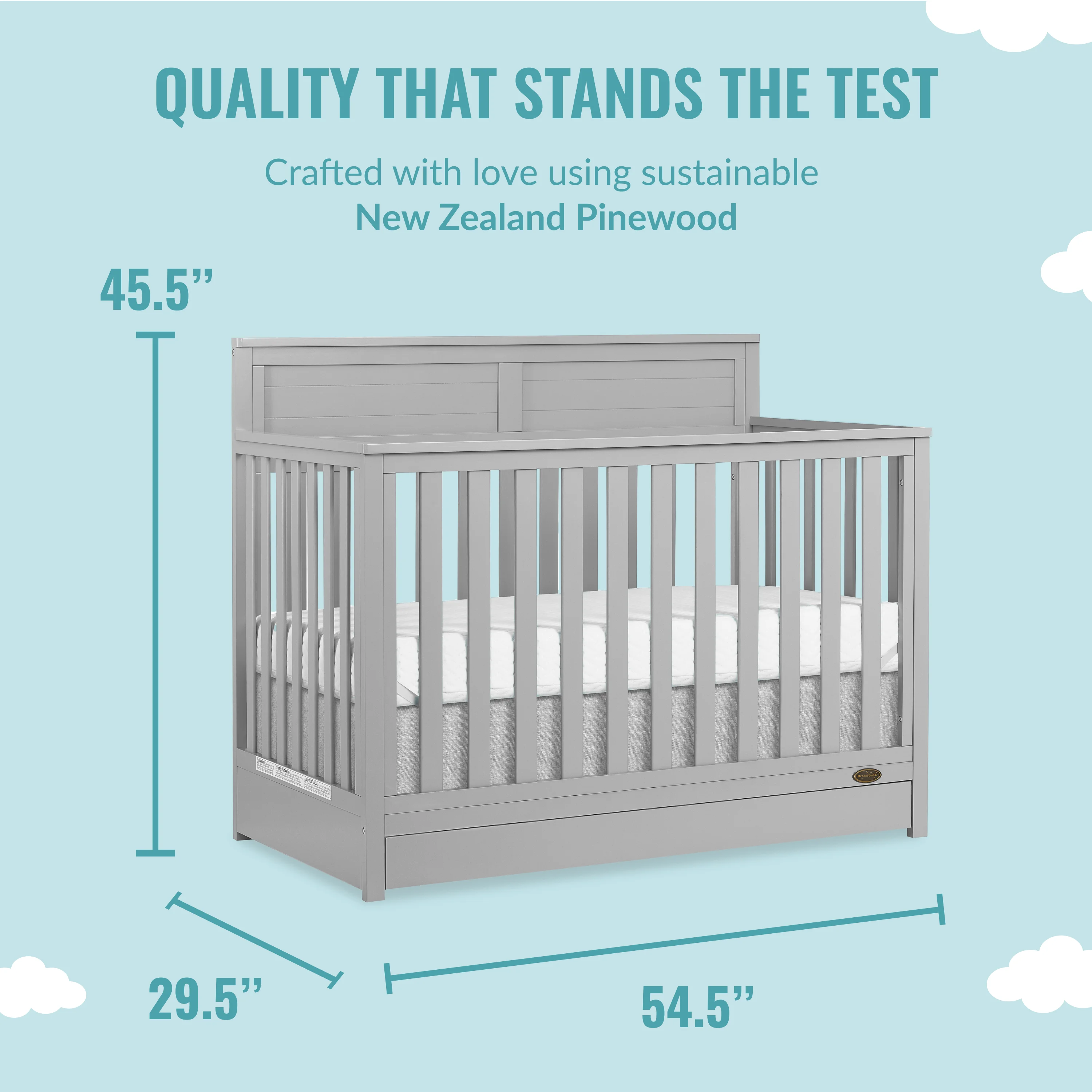 Dream On Me Reign 5 in 1 Convertible Crib with Under Drawer in Pebble Gray