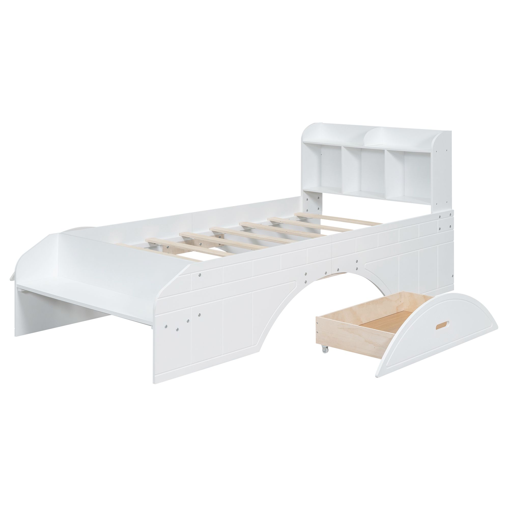 Solid Wood Bed Frame with 2 Drawers, Storage Headboard and Footboard, Platform Bed Frame, Mid Century Bedframe, Multi-Storage Space Wood Foundation(White, Twin)