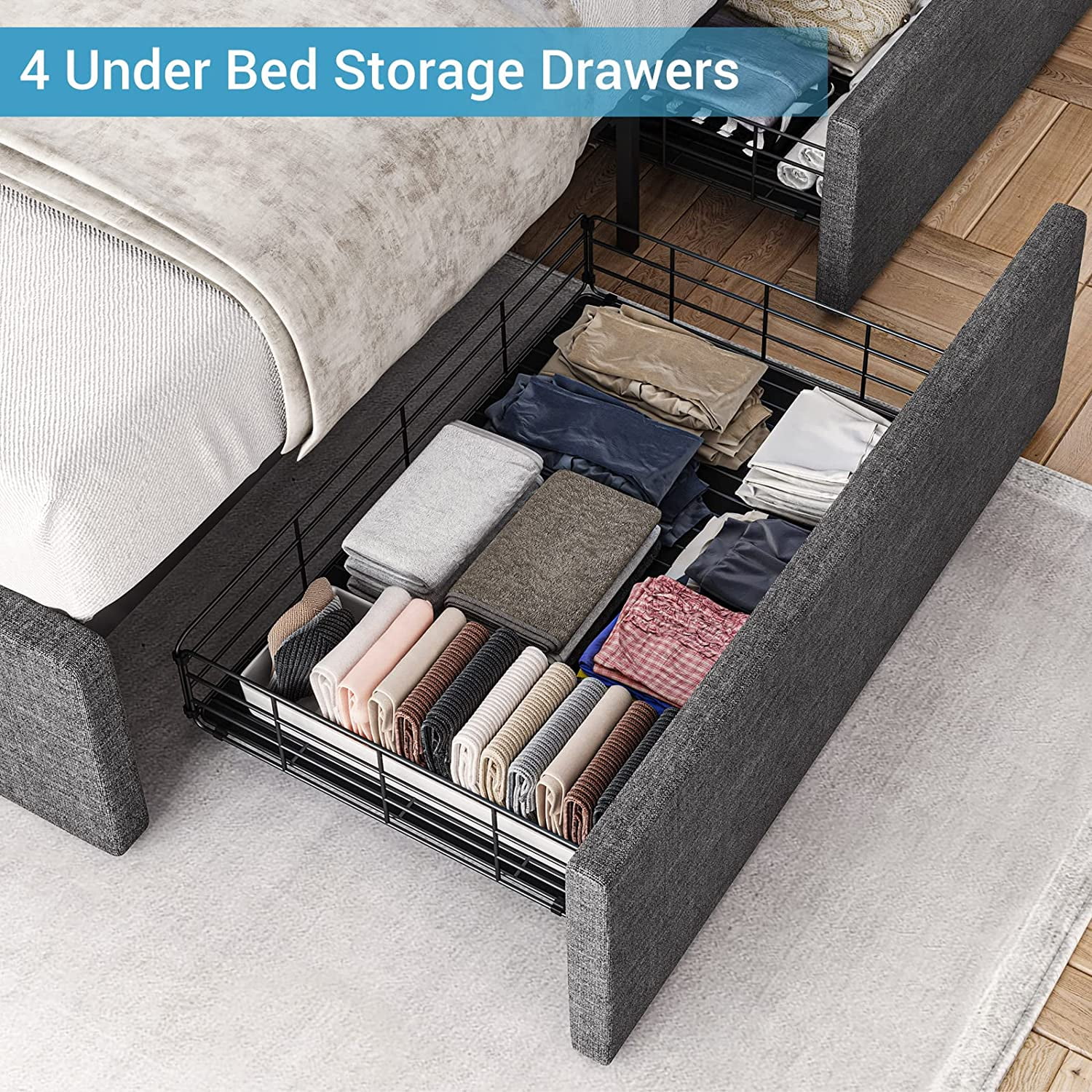 Afuhokles Queen Bed Frame with LED Lights Headboard, 4 Drawers,2 USB Charging Station, Upholstered Platform Bed, Dark Gray