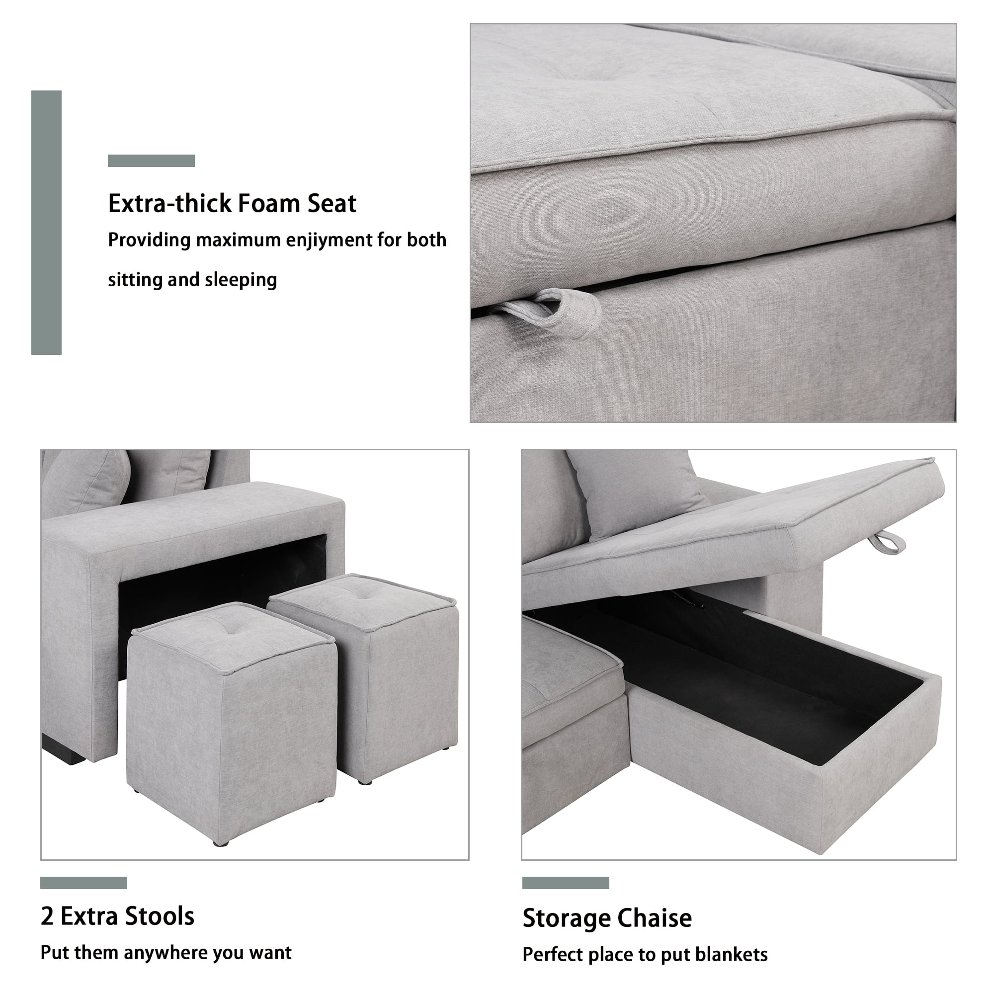 Euroco L-Shape Sectional Sofa 3 Seat Reversible, Pull Out Sleeper Sofa with Chaise, Storage Couch with 2 Stools for Living Room Furniture Set, Light Gray, 104