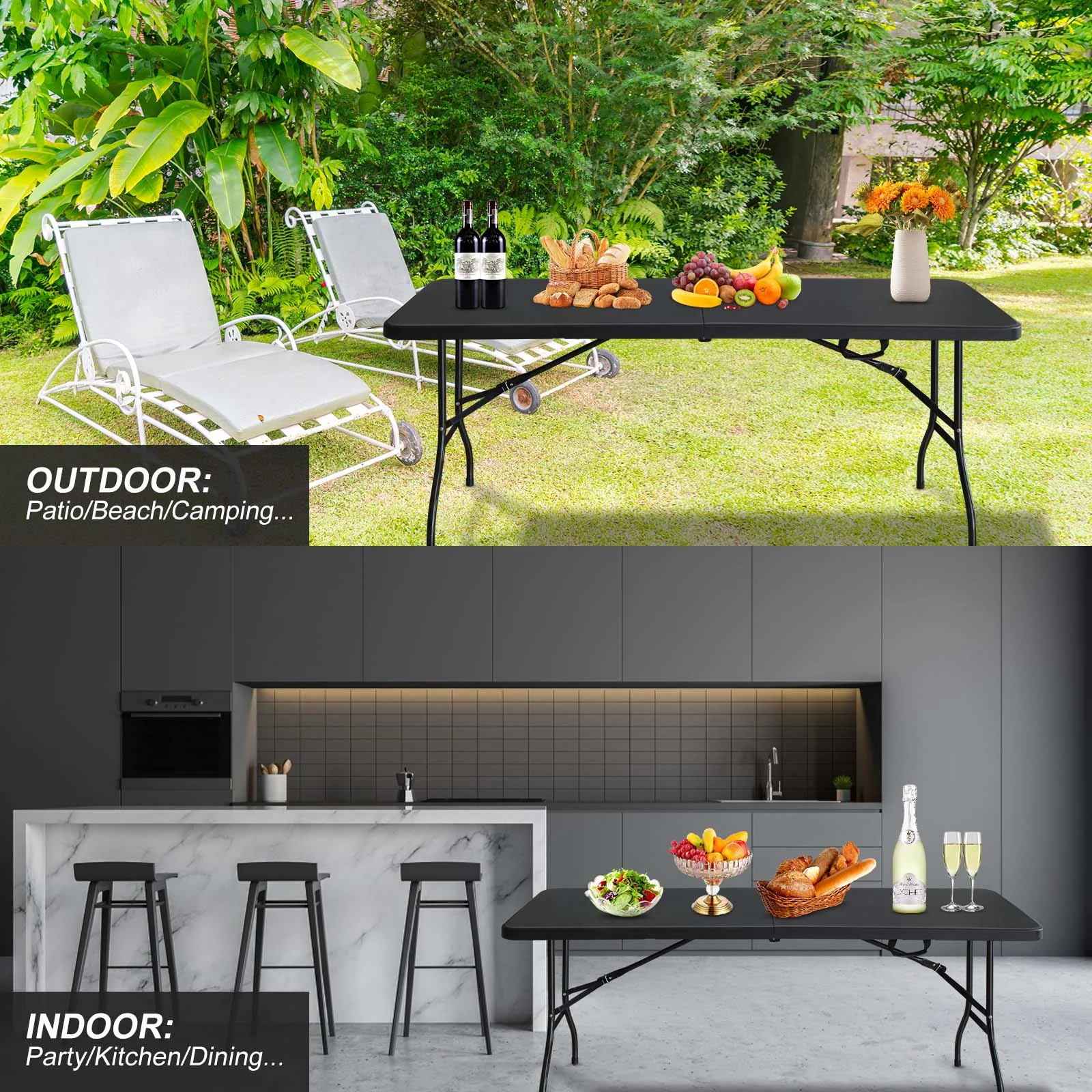 Homiyad 6ft Folding Table, Portable Plastic Table for Camping, Picnics, Parties, High Load Bearing Foldable Table Black